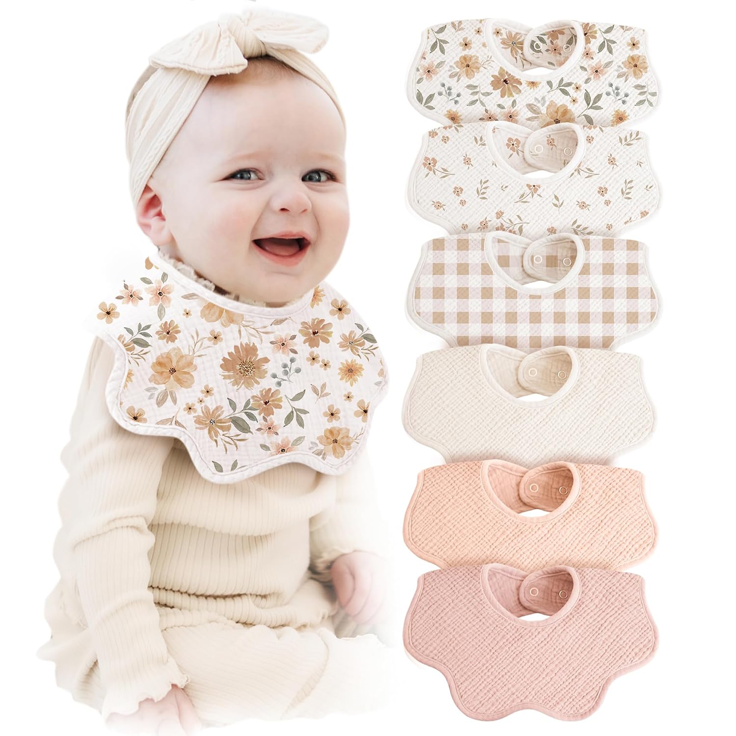 Konssy 6-Pack Muslin Baby Bandana Bibs, 100% Cotton, Adjustable Snaps