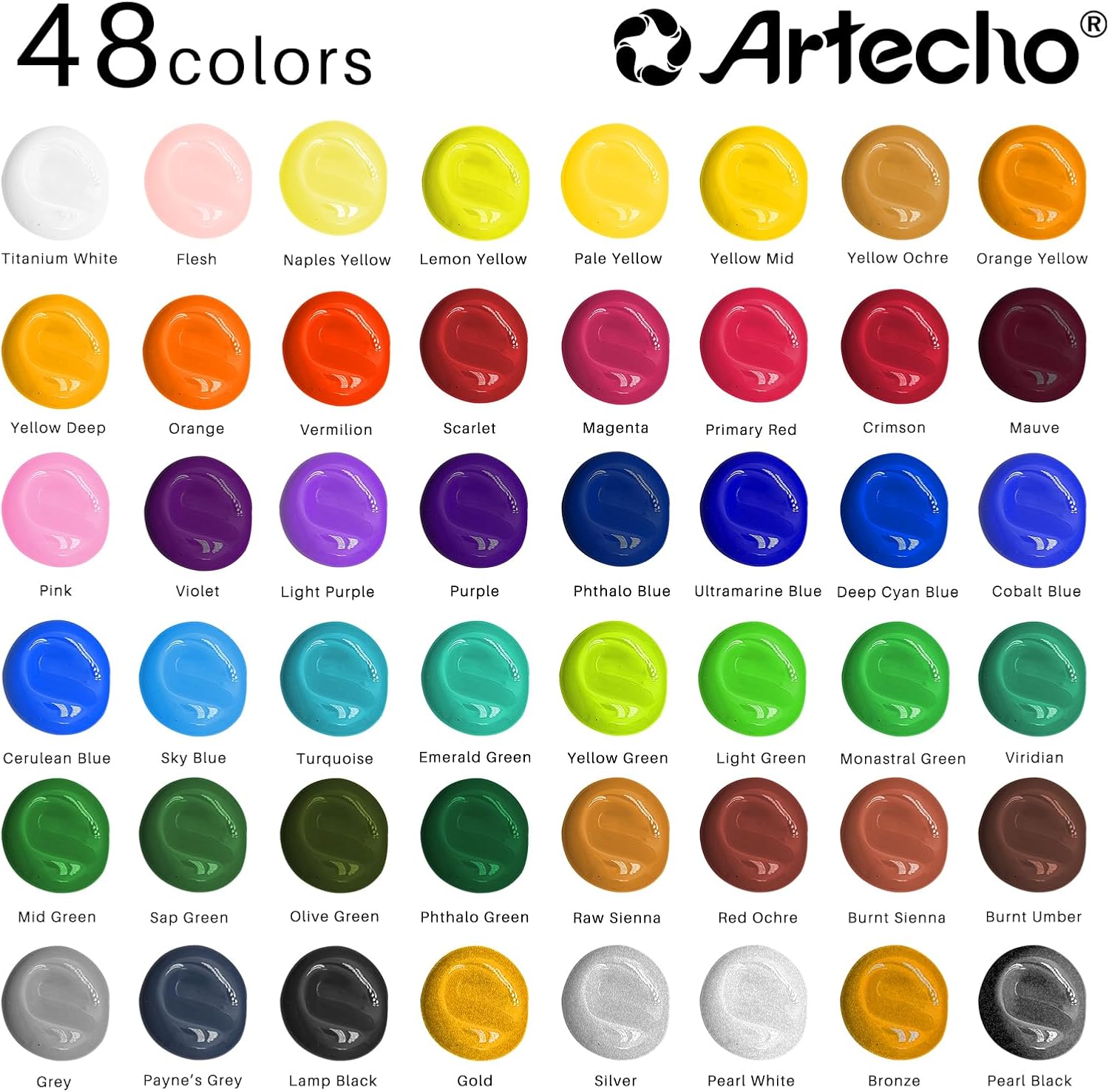 Thumbnail 1 de Artecho Acrylic Paints Set (48 colours, 2oz/59ml each) with 10 art brushes