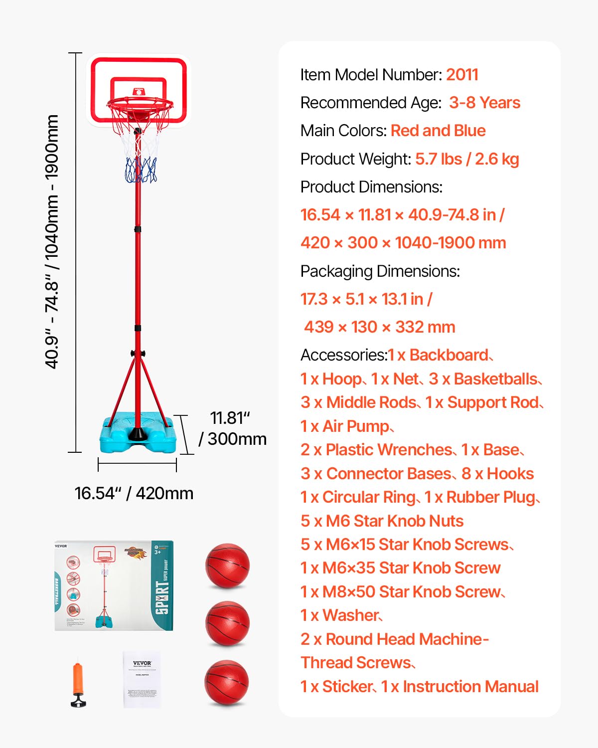 Thumbnail 6 de VEVOR Kids Basketball Hoop: Height Adjustable, Portable & Durable for Indoor or Outdoor Play