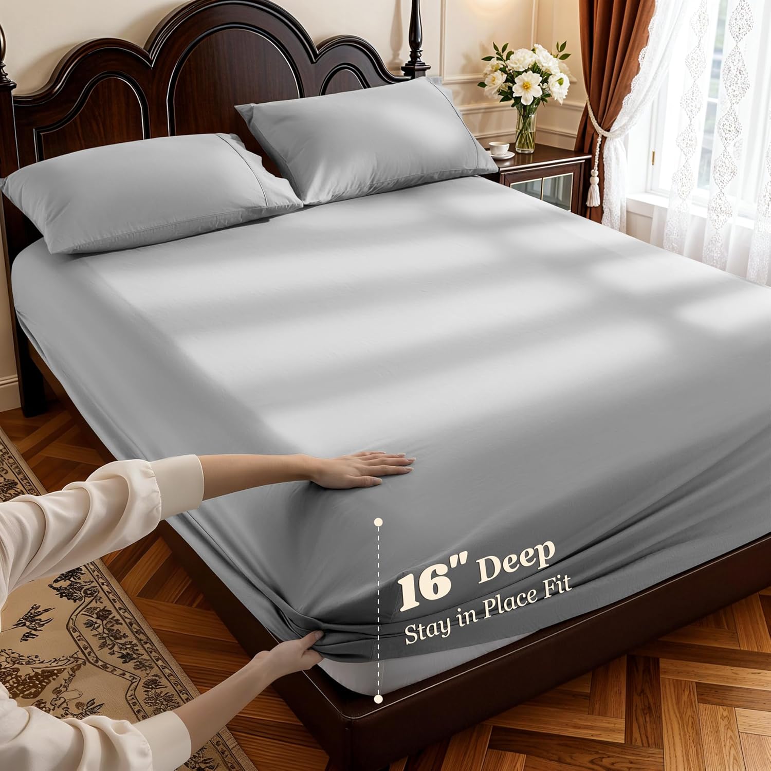 Thumbnail 3 de LBRO2M 1000 Thread Count 100% Egyptian Cotton Queen Sheet Set (Sateen, Grey) — Deep Pocket, All-Season
