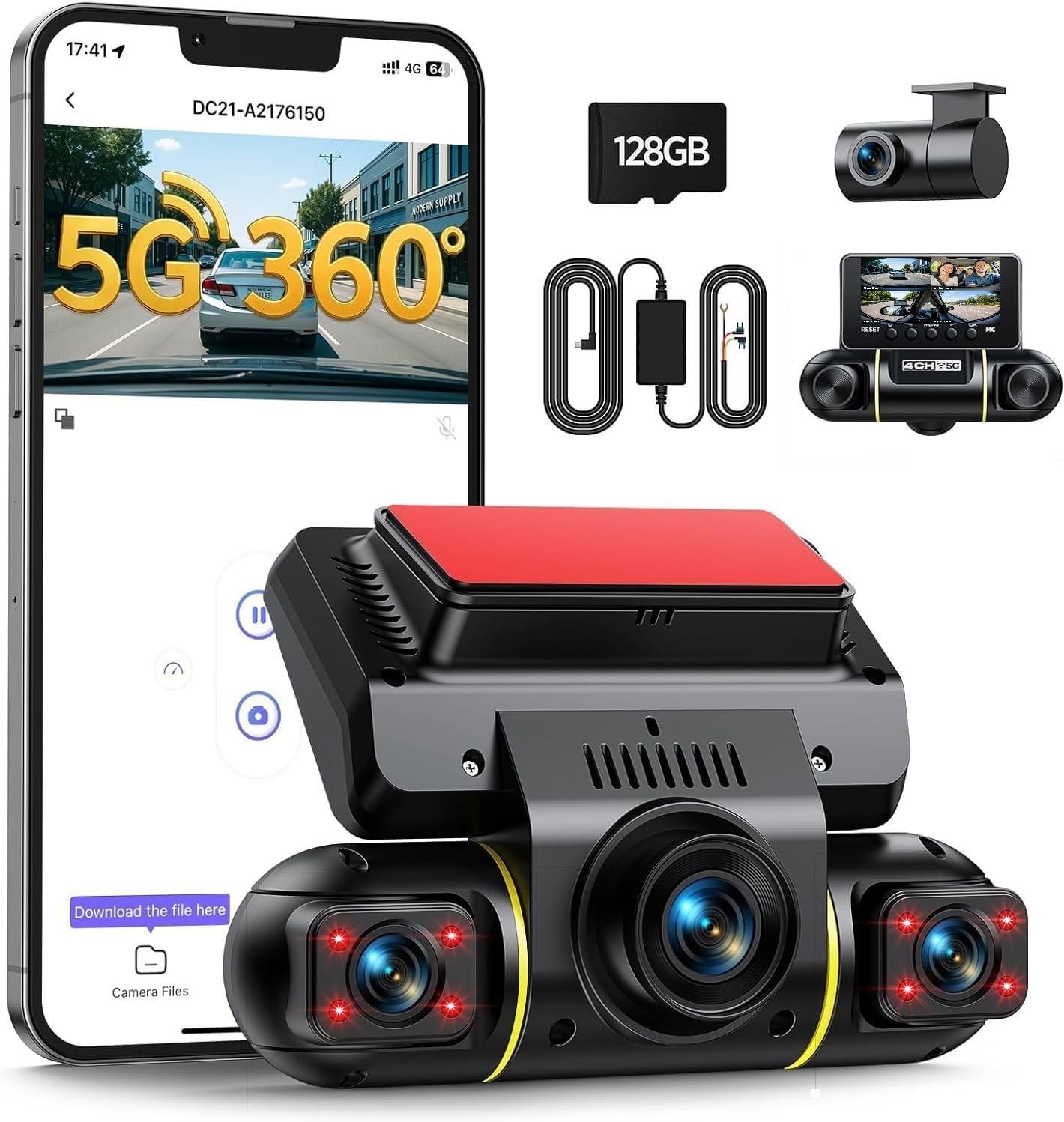 Detalle de LAMTTO 360 Degree View 4-Channel Dash Cam (Front & Rear) with 5G WiFi, 8 IR Night Vision, and Hardwire Kit + 128GB Card