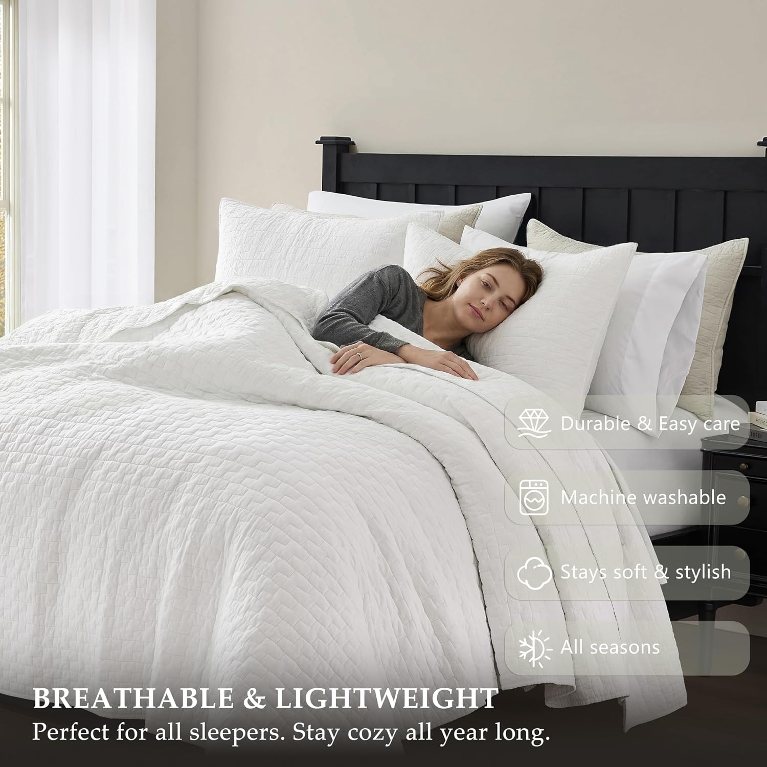 Thumbnail 4 de palassio White 100% Cotton Quilt Queen Bedding Set (3-Piece) with 2 Pillow Shams