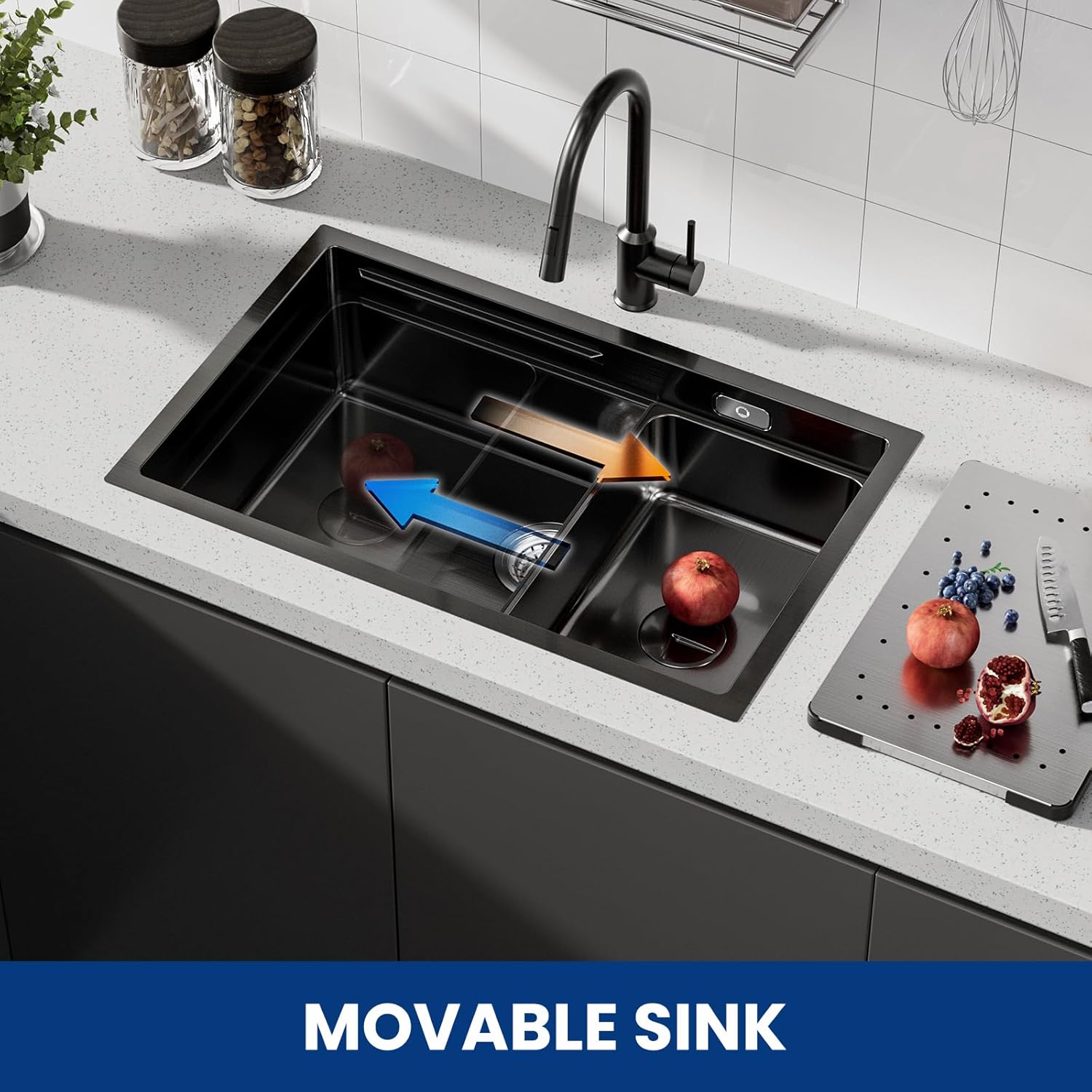 Thumbnail 3 de CECIPA Lavello nero 70 x 44 cm in acciaio inox con tagliere e accessori — set 3 in 1