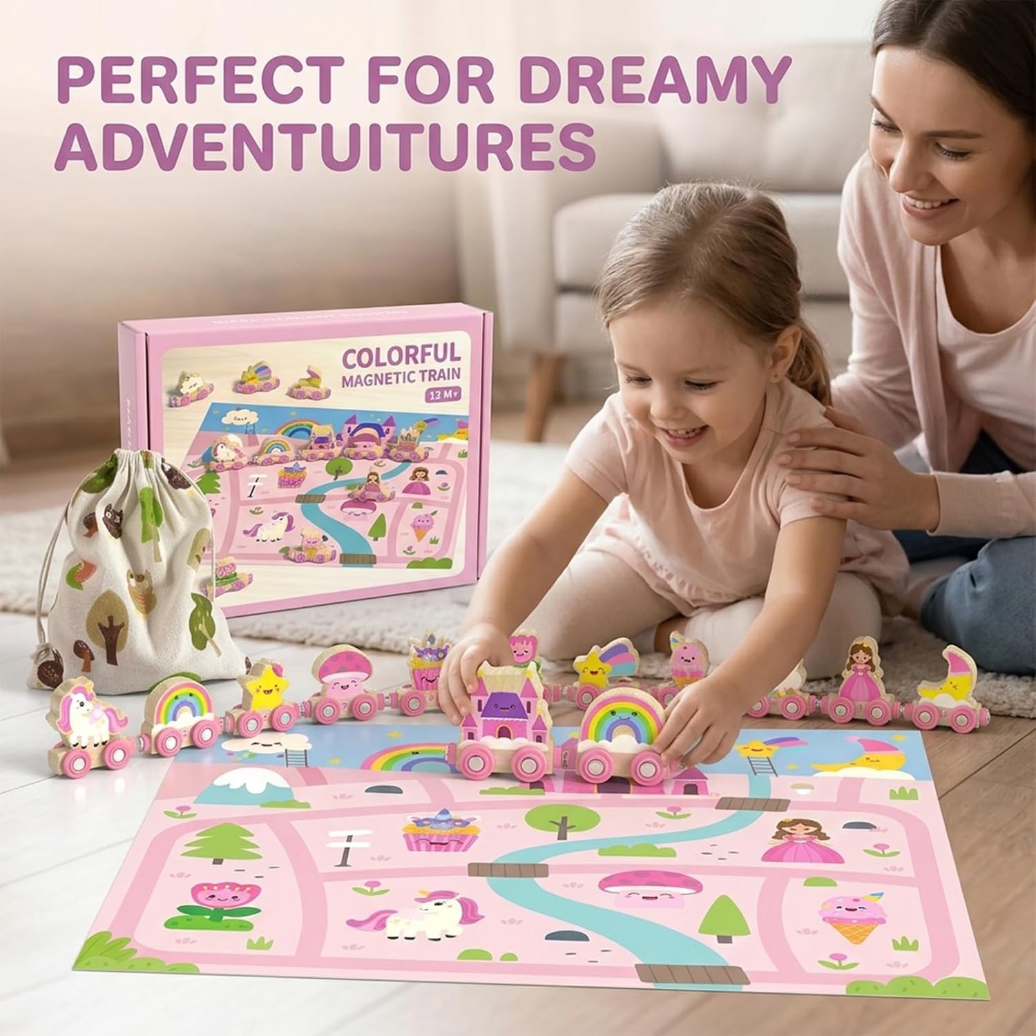 Thumbnail 6 de Unicorn Magnetic Wooden Train Set for 1–4 Year Old Girls with Castle Play Mat (Pink)