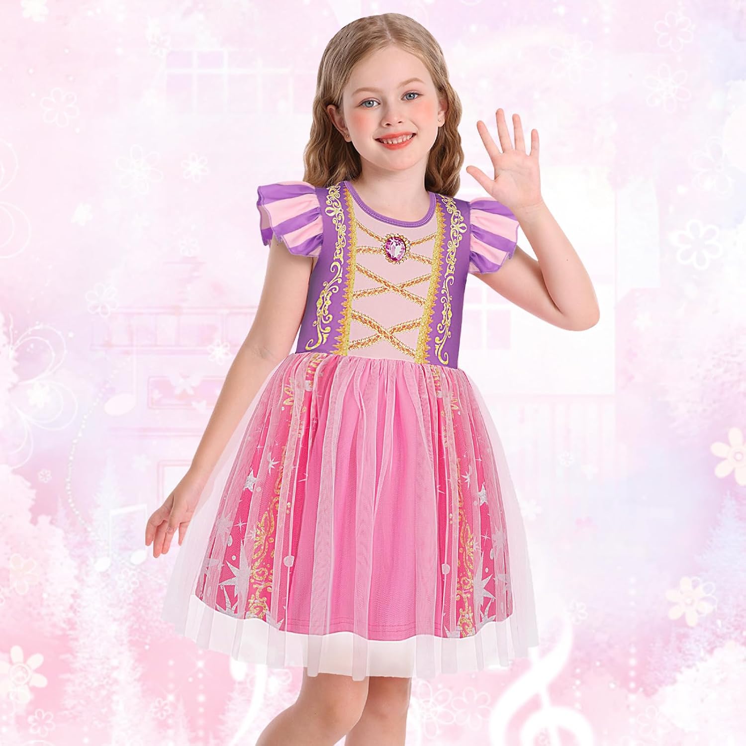 Detalle 2 de HenzWorld Princess A-line Tulle Dress for Girls with Flutter Sleeves