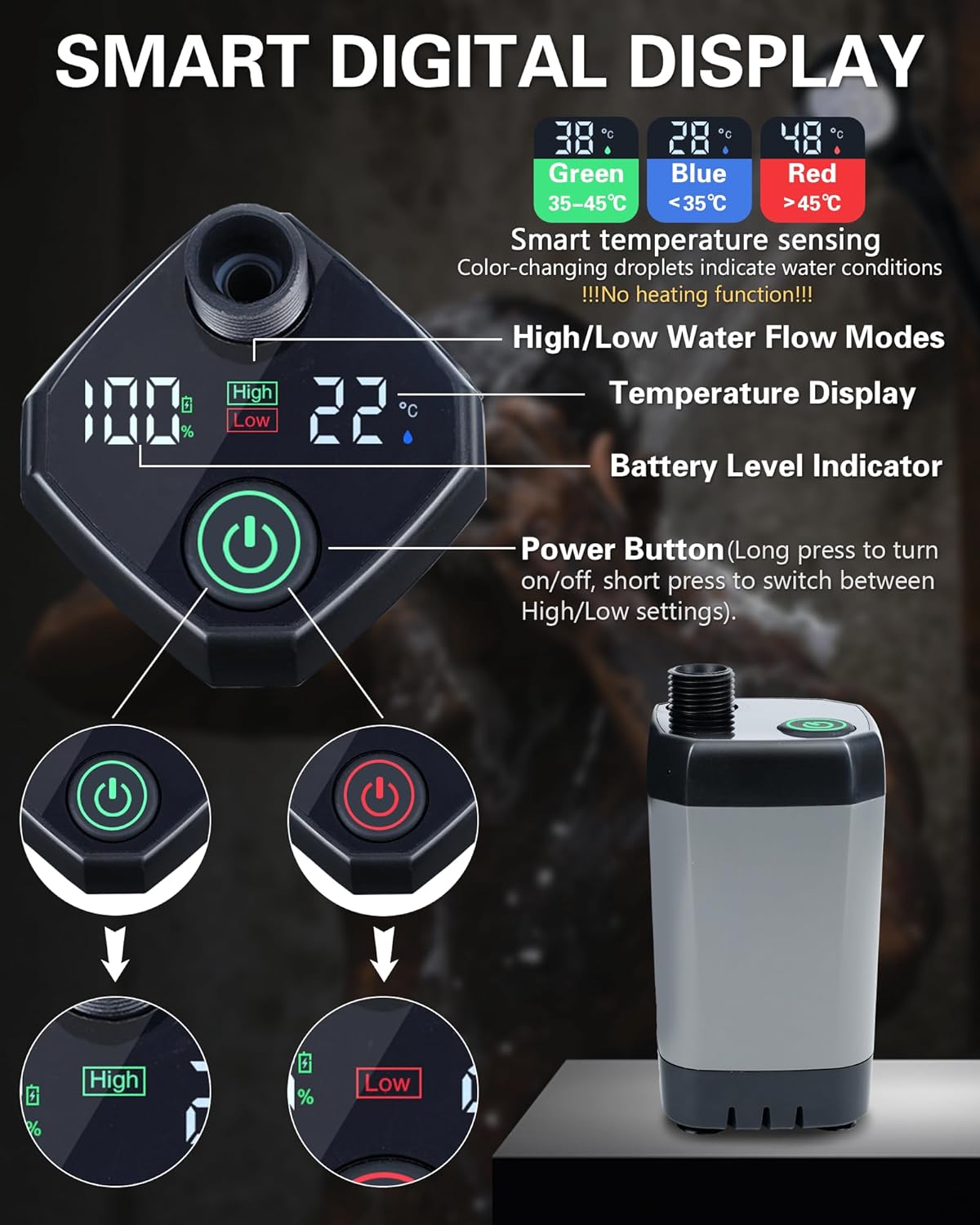 Detalle de Beviliu Portable Shower Camping – 6000mAh Rechargeable Outdoor Shower Kit