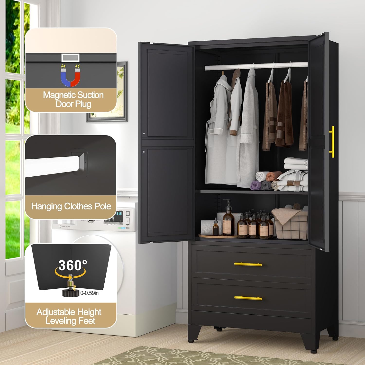 Detalle 1 de GAIOUS Tall 2Drawer B Metal Wardrobe Cabinet with Hanging Rod and 2 Drawers