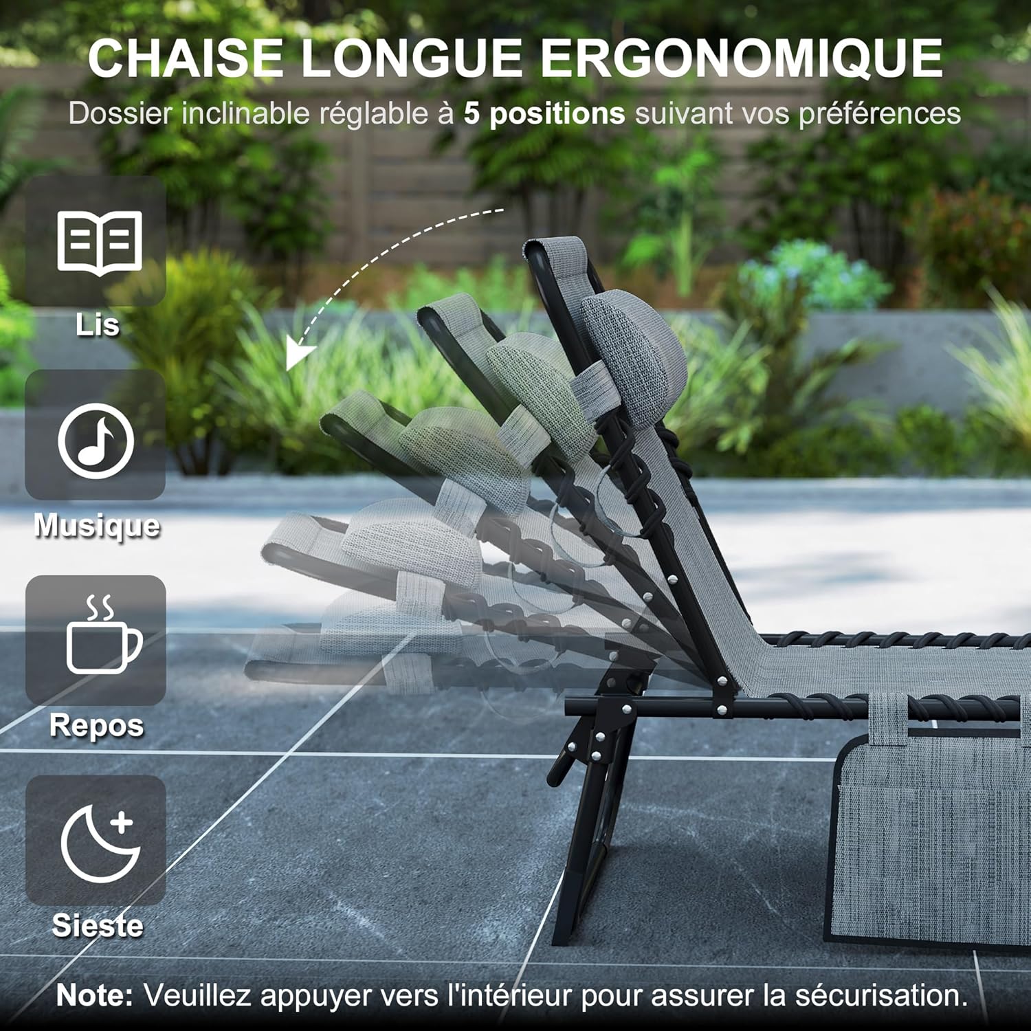 Detalle 2 de Outsunny Chaise Longue Pliable Gris Bain de Soleil