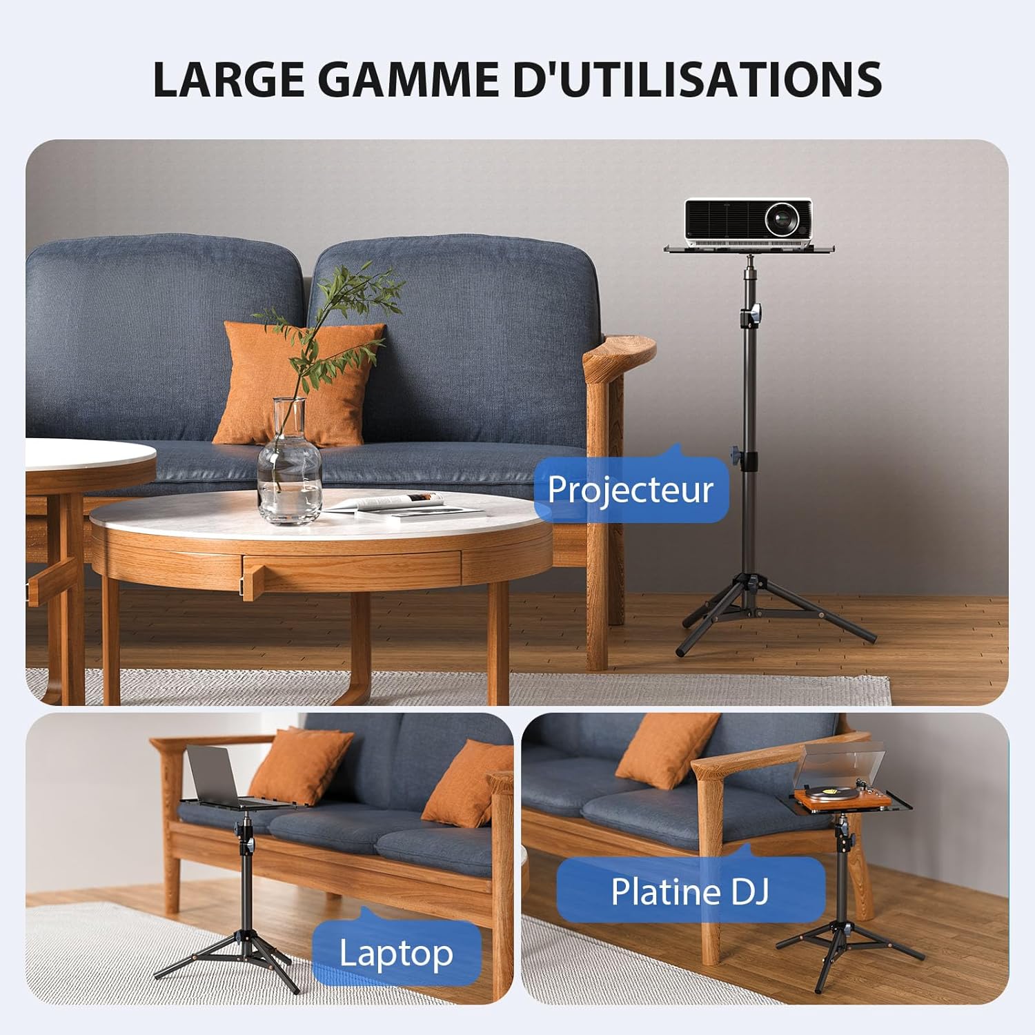 Thumbnail 5 de LEORFI support pour vidéoprojecteur sur trépied, hauteur réglable 45 à 115 cm, plaque pliante et charge jusqu’à 10 kg