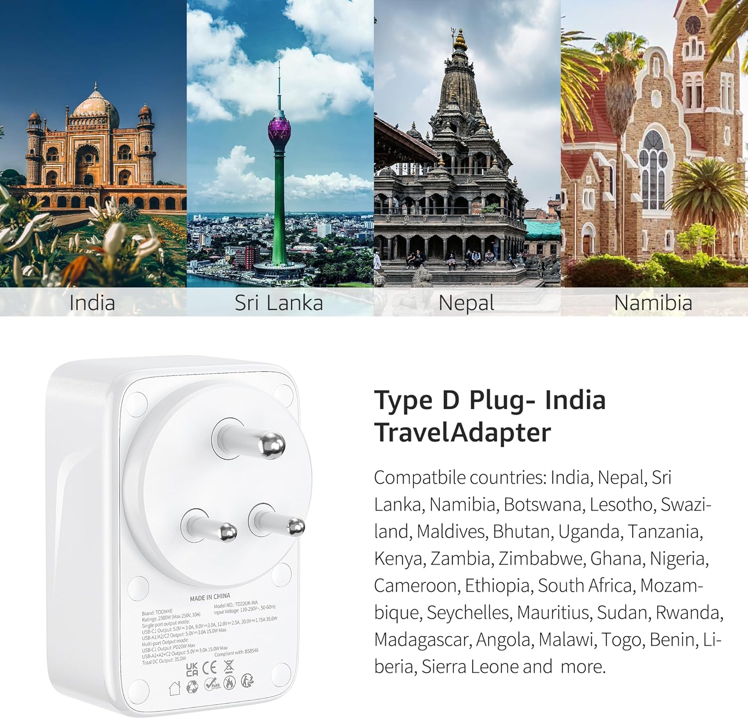 Detalle 2 de UK to India plug adapter with 35W USB C
