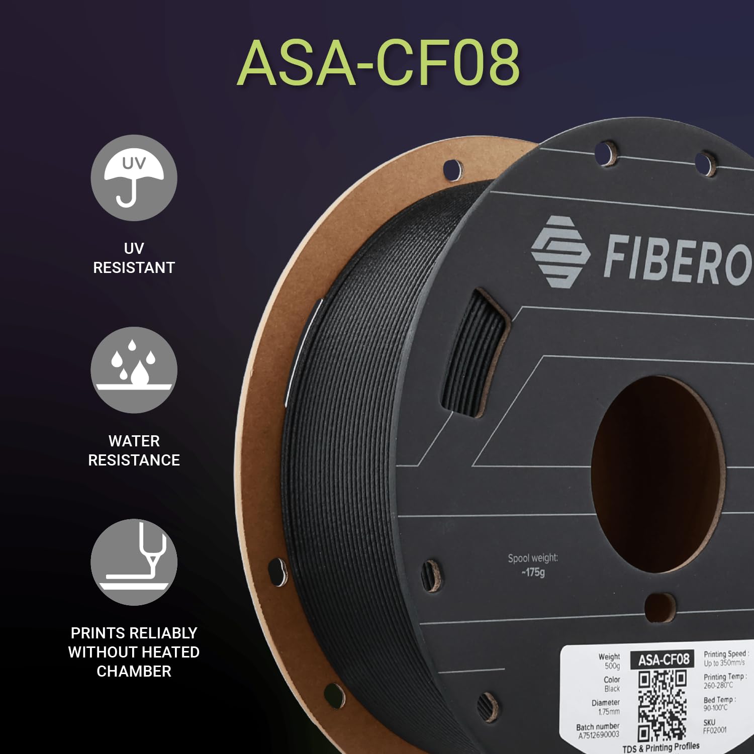 Detalle de Polymaker Fiberon ASA-CF08 カーボンファイバーASAフィラメント 1.75mm・ブラック・0.5kg
