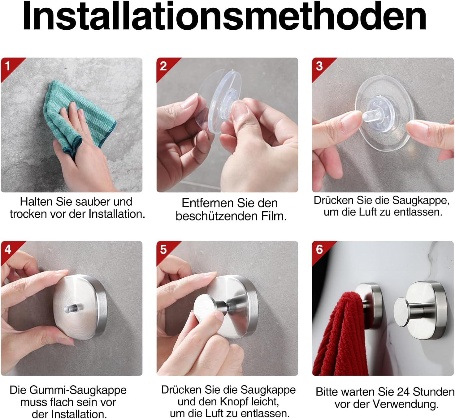 Thumbnail 6 de ZUNTO Handtuchhalter ohne Bohren (4er Set) aus Edelstahl mit Saugnapf-Haken – flexibel, verstellbar, rückstandsfrei