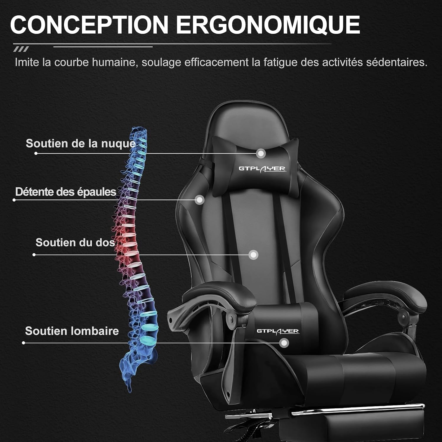 Detalle de GTPLAYER Chaise Gaming noire avec massage lombaire et repose-pieds rétractable