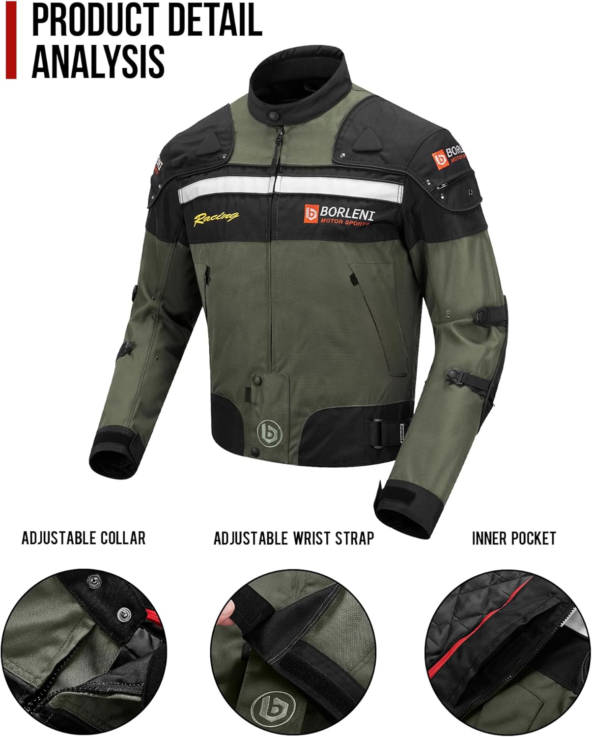 Thumbnail 2 de BORLENI Giacca da Moto Uomo Tutte le Stagioni con Protezioni CE e Fodera Rimovibile – Verde L