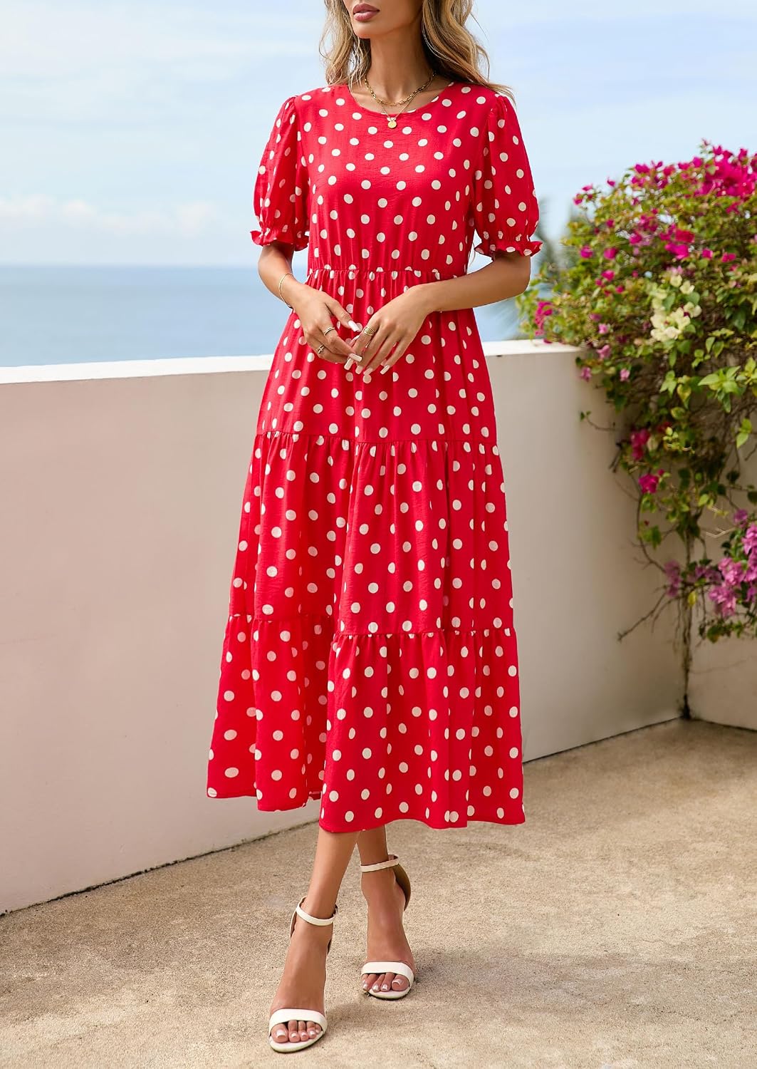 Thumbnail 5 de PRETTYGARDEN Women's Short Sleeve Midi Floral Dress — Boho A-Line, Elastic Waist, Spring-Summer Ready