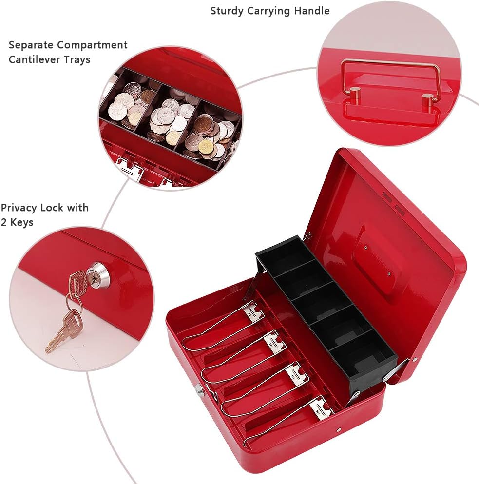 Thumbnail 1 de xydled XYD-QX-CB-8002 Cash Box with Key Lock, Tiered Tray, Red