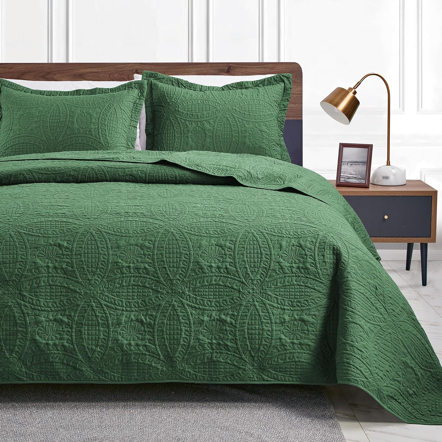 Detalle de Love's cabin HU-XI-201 Twin Quilt Set, Dark Green Microfiber, Coin Pattern