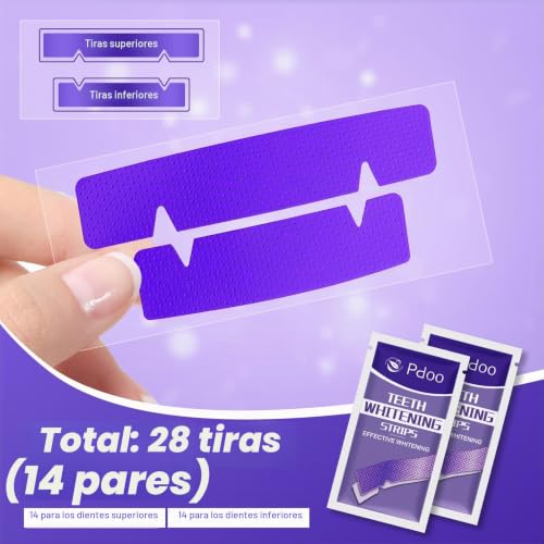 Detalle de Pdoo tiras blanqueadoras dentales moradas, 28 tiras con tecnología correctora