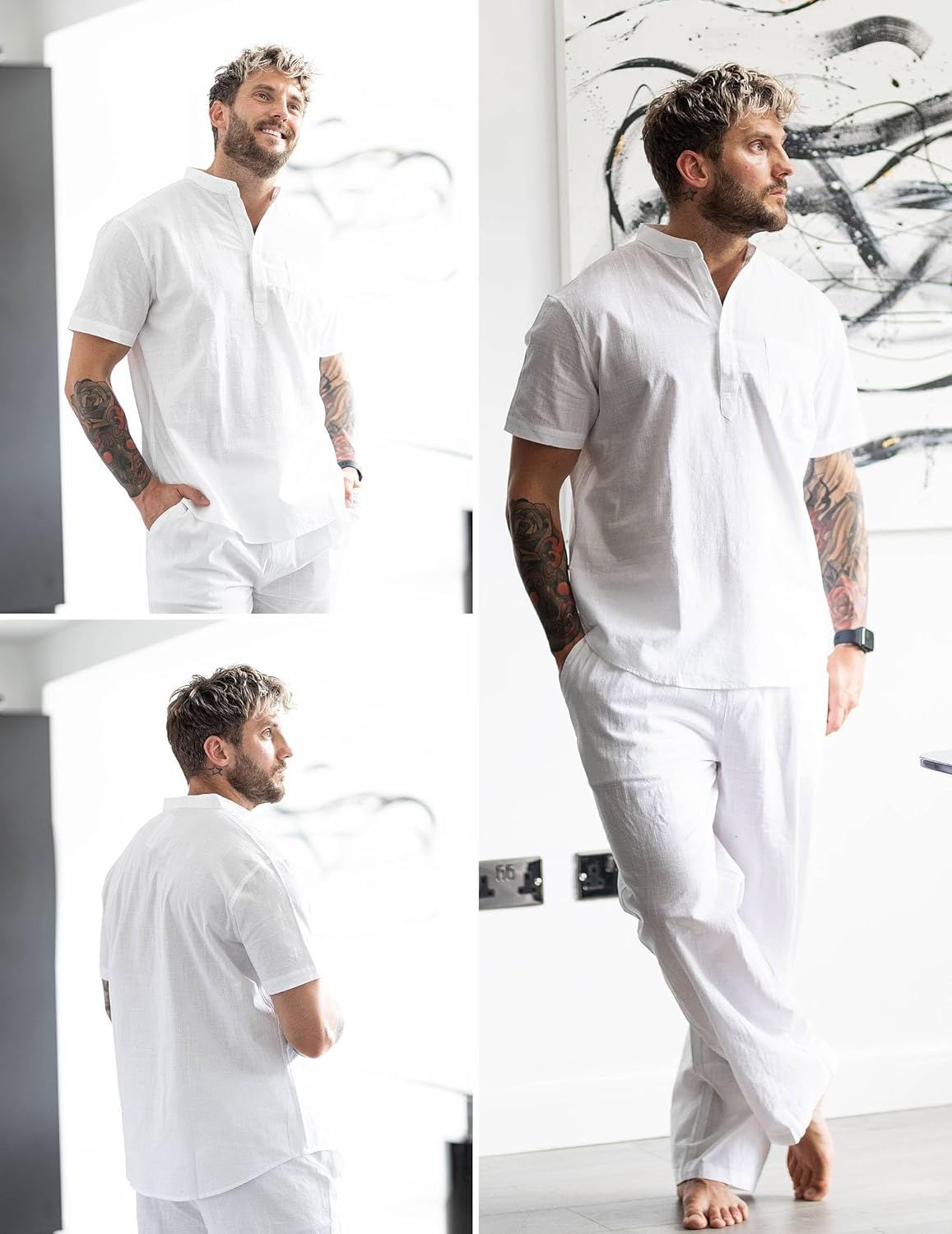 Thumbnail 1 de COOFANDY Men's 2-Piece Cotton Linen Set: Short Sleeve Henley & Beach Yoga Pants