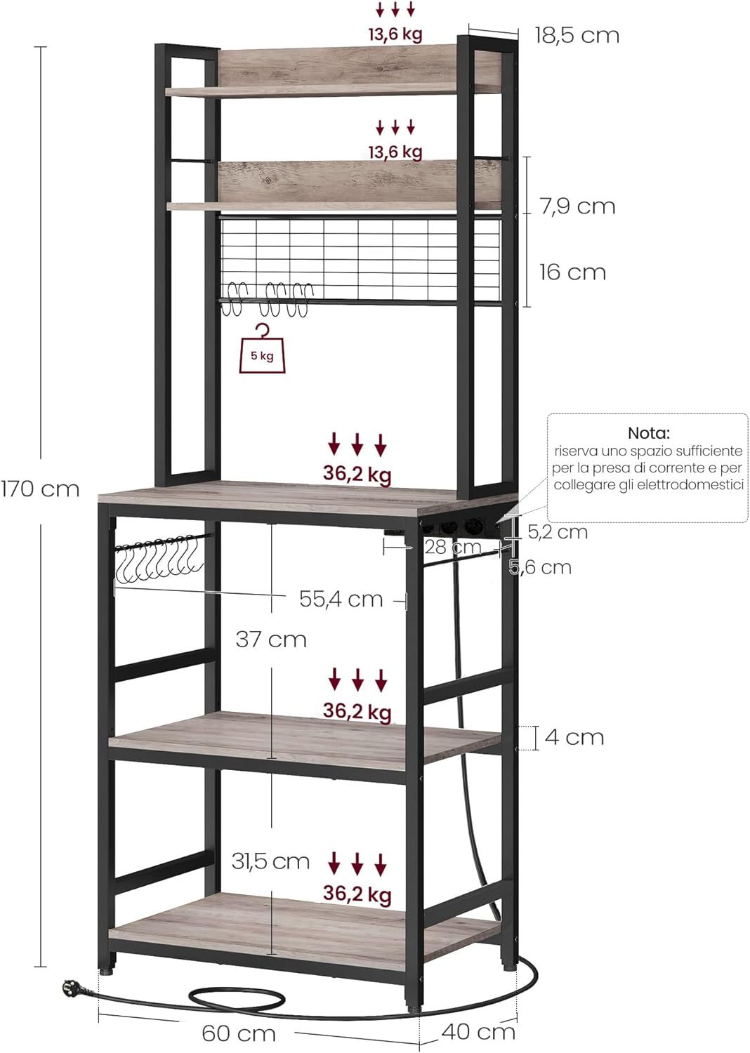 Thumbnail 2 de VASAGLE scaffale da cucina con multipresa e ganci KKS037B02EU, per microonde e organizzazione