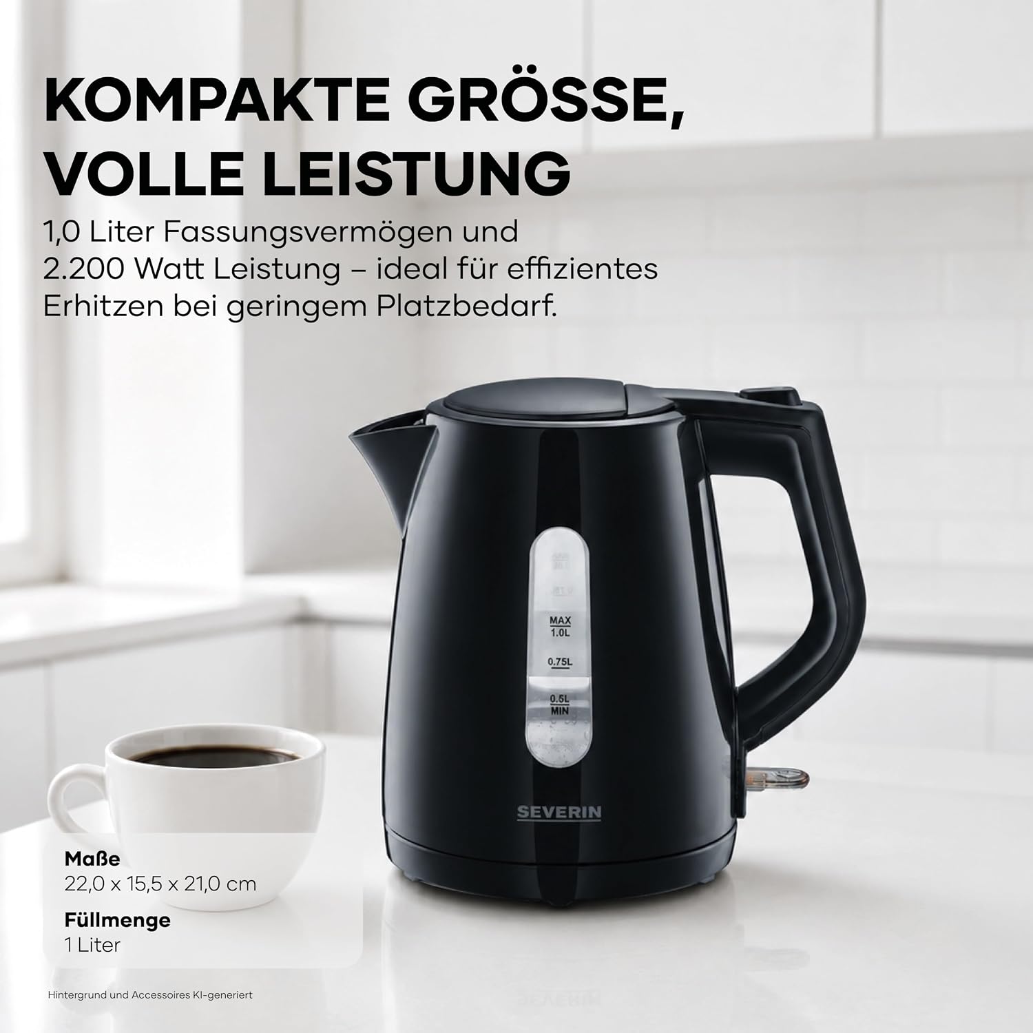 Detalle 2 de SEVERIN Wasserkocher WK 3410 – kabellos, 1,0 L, 2200 W, schwarz