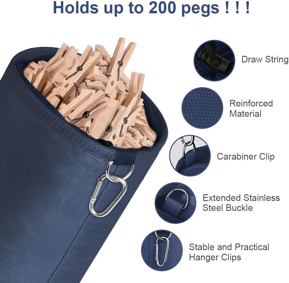 Detalle de Vicloon Borsa per mollette con gancio e chiusura a cordoncino, capacità fino a 200 mollette (blu navy)