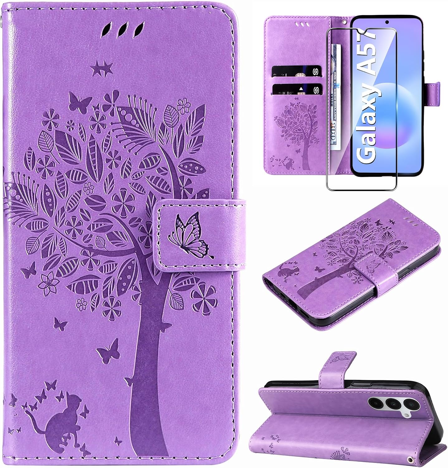 Detalle de Hancda Leather Wallet Case with Tempered Glass for Samsung Galaxy A57 5G – Purple