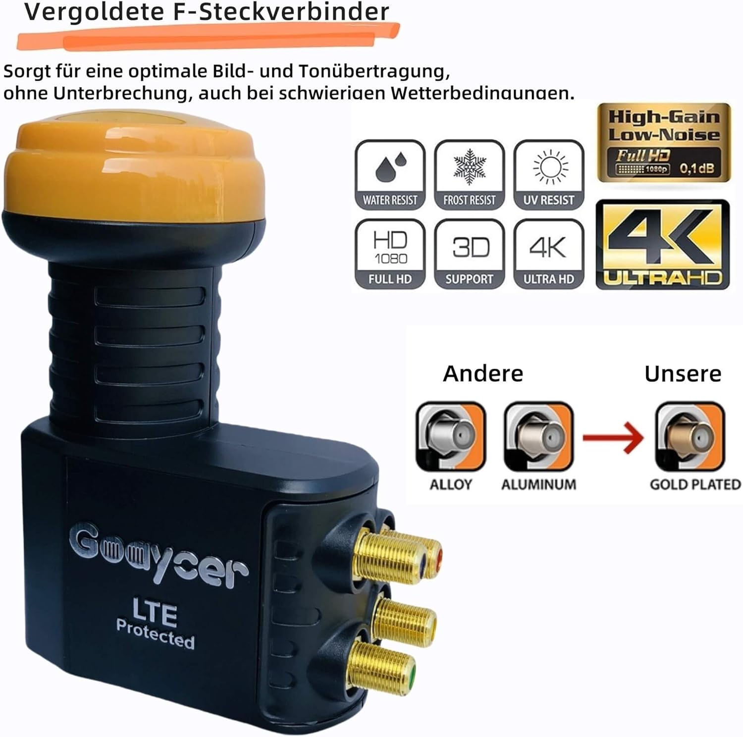 Thumbnail 1 de Goaycer Quad LNB 4-fach Digital HD 4K mit LTE-Filter (goldener Stecker, Wetterschutz, 3D)