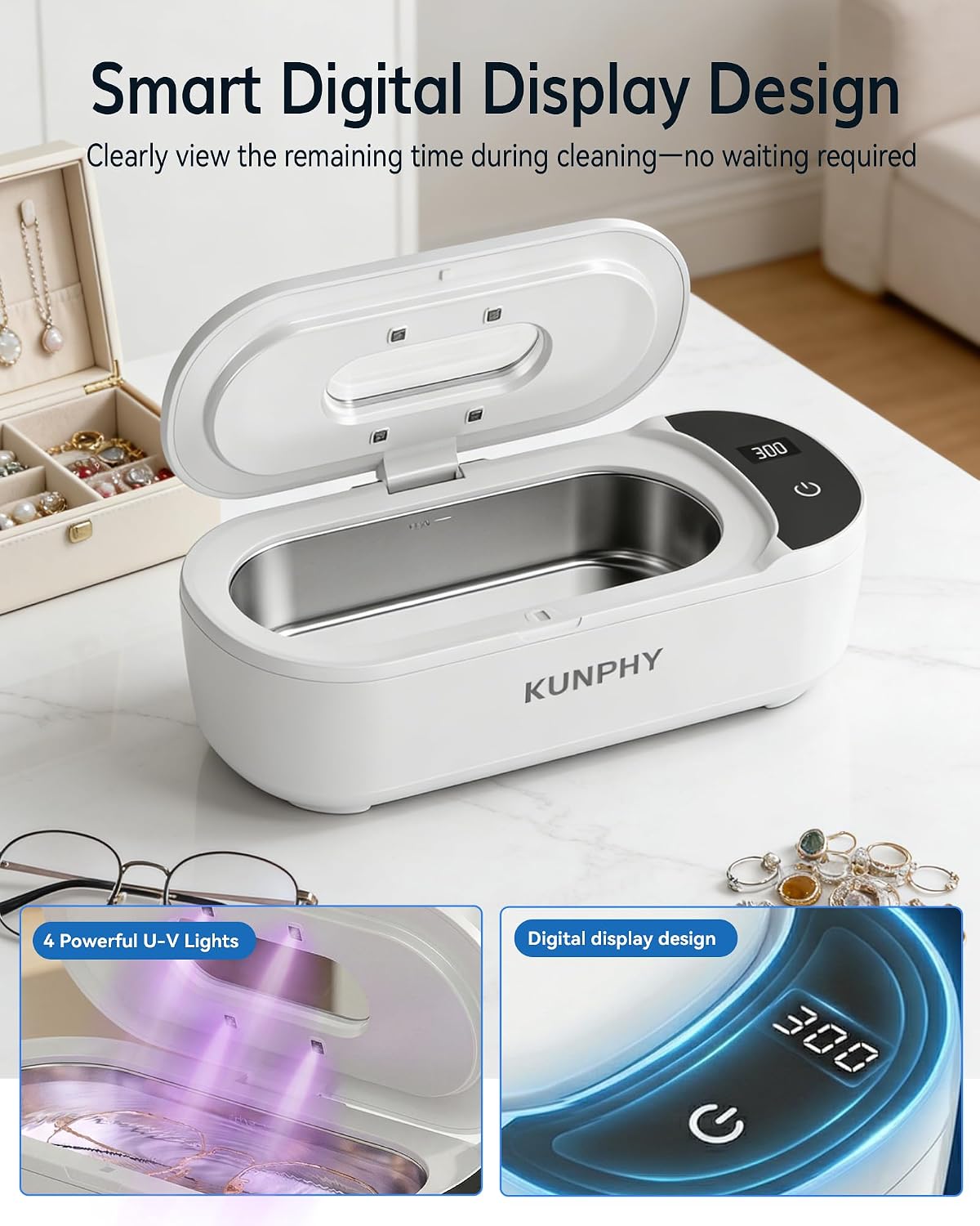 Detalle 2 de KUNPHY Ultrasonic Jewellery Cleaner — 400ml Large Capacity with UV Light