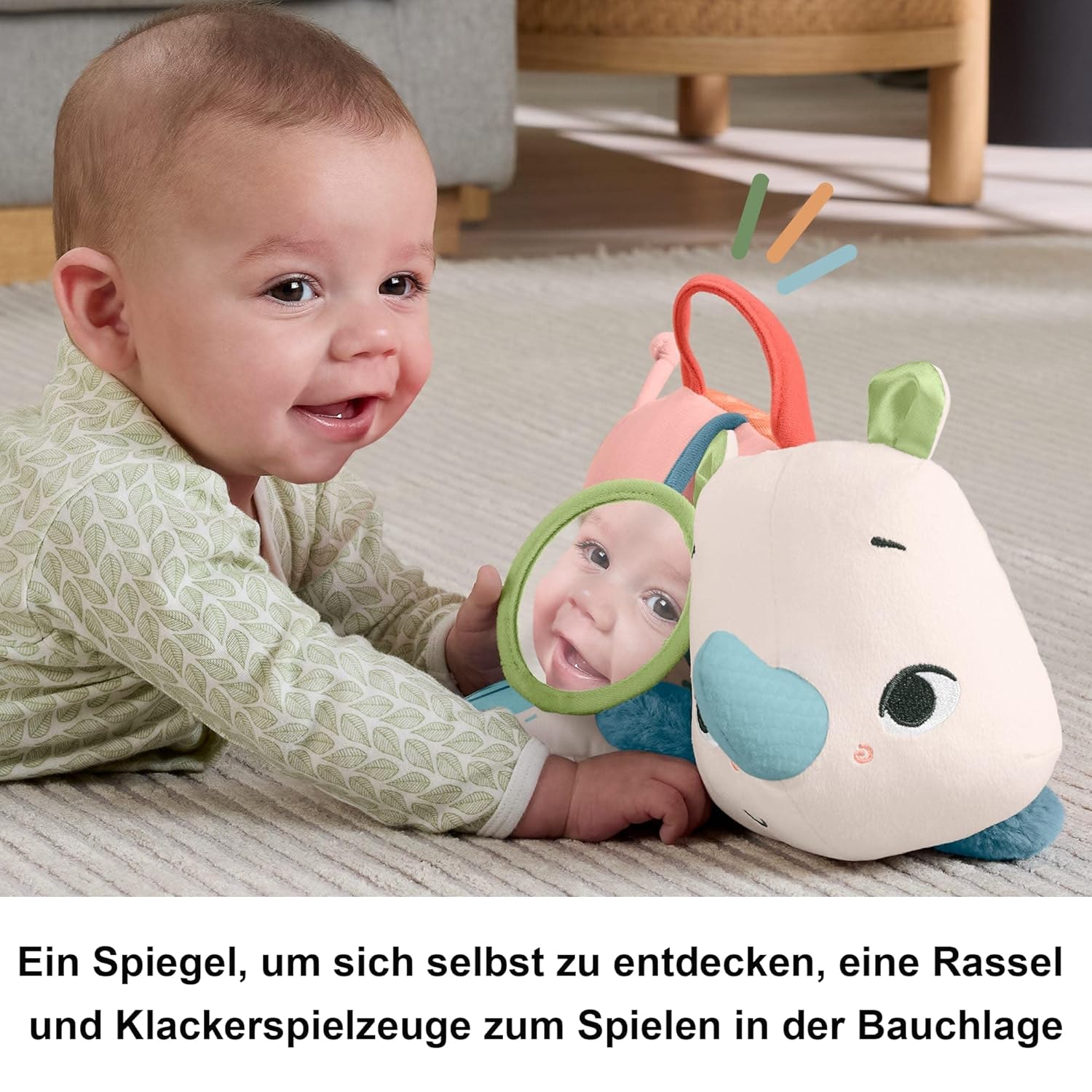 Thumbnail 3 de Fisher-Price Planet Friends: Neugieriges Bauchlage-Nashorn Plüschtier ab 0 Monaten (HYR55)