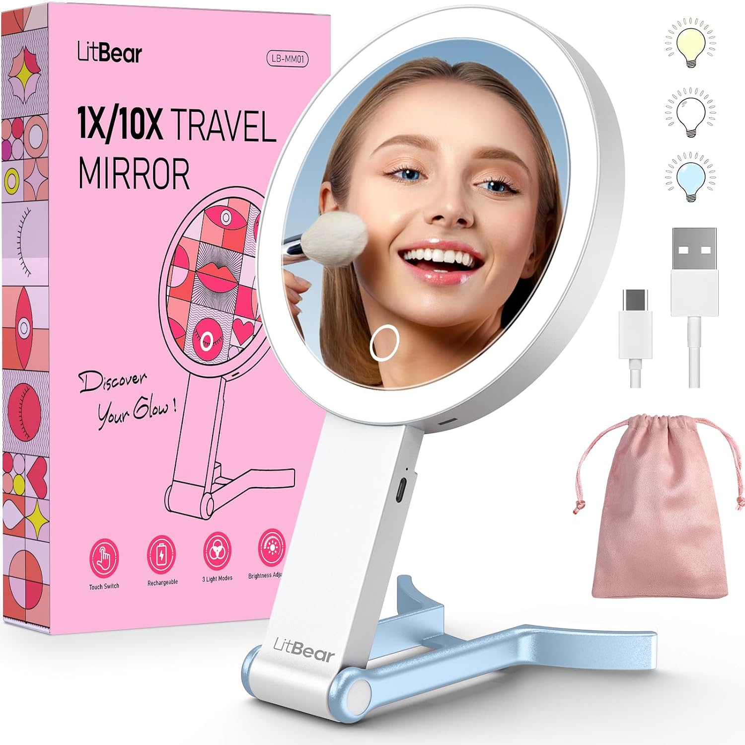 Detalle de LitBear LB-MM01 Travel Makeup Mirror, Rechargeable 10X/1X LED, Blue
