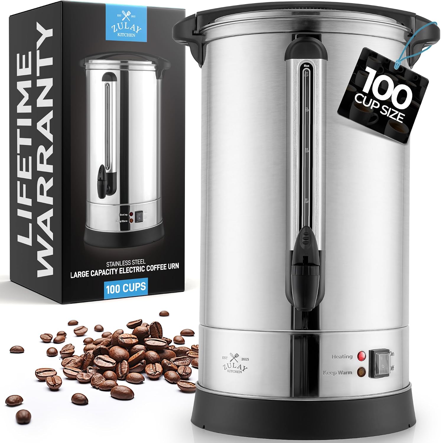Detalle de Zulay Commercial Grade 100-Cup Coffee Maker Hot Water Urn (Double-Wall Stainless Steel) — Large Percolator Pot Dispenser in Silver