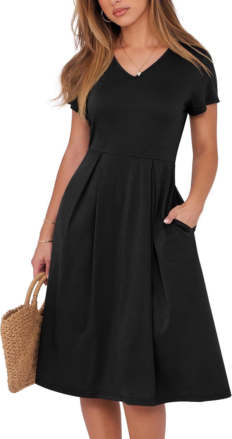 Detalle de ANRABESS Women Summer Dress: V-Neck Midi with Pockets, Pleated A-Line Comfort