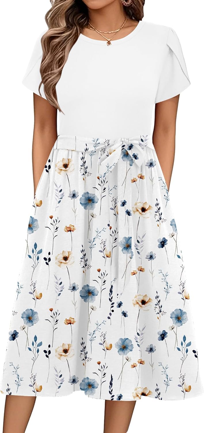 Detalle de ZEAGOO Sommerkleid Damen – Elegant Midikleid mit Rundhalsausschnitt, A-Linien-Schnitt und Blumendruck