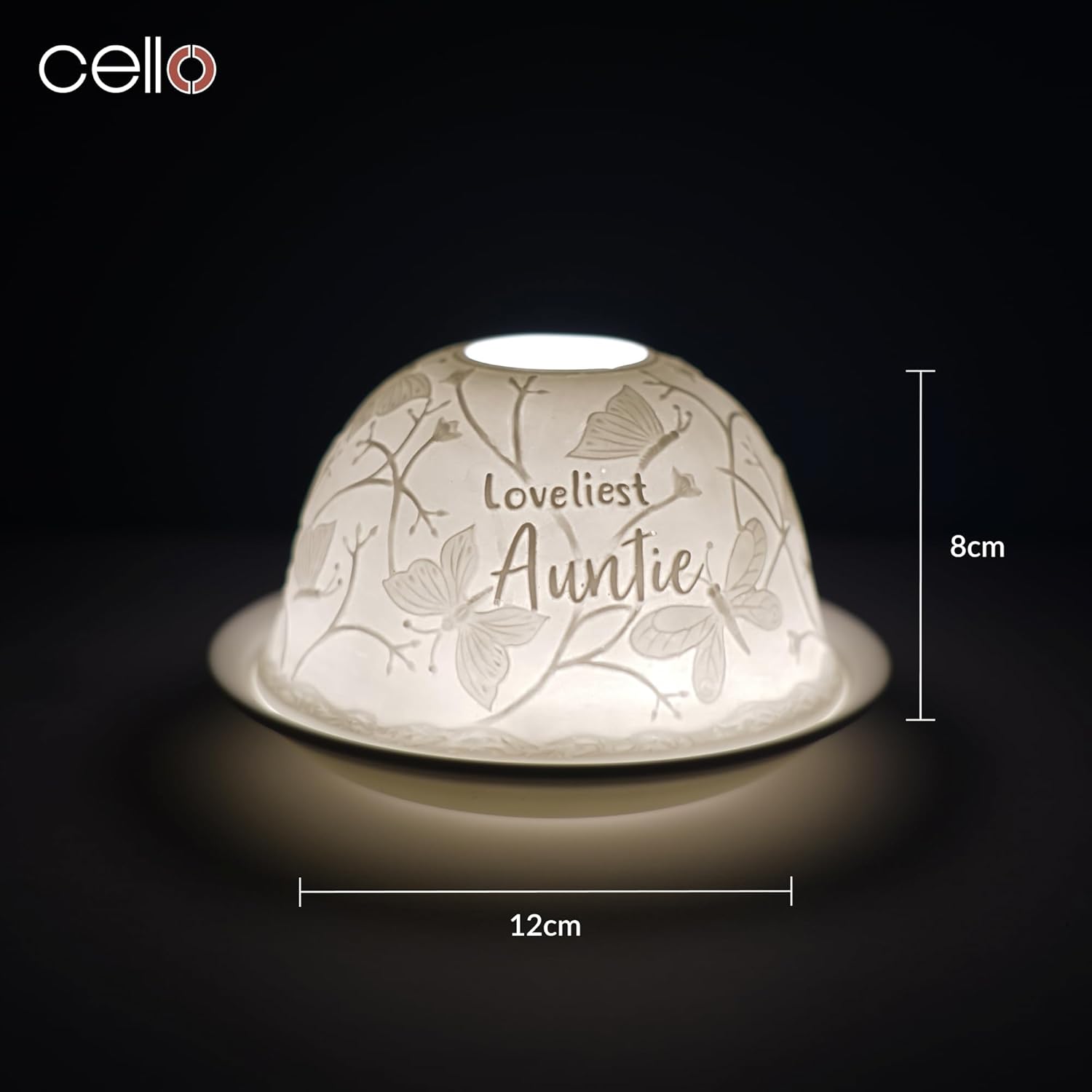Thumbnail 2 de Cello Porcelain Tealight Holder Dome (Lithophane) – “Loveliest Auntie” 3D projection with warm glow