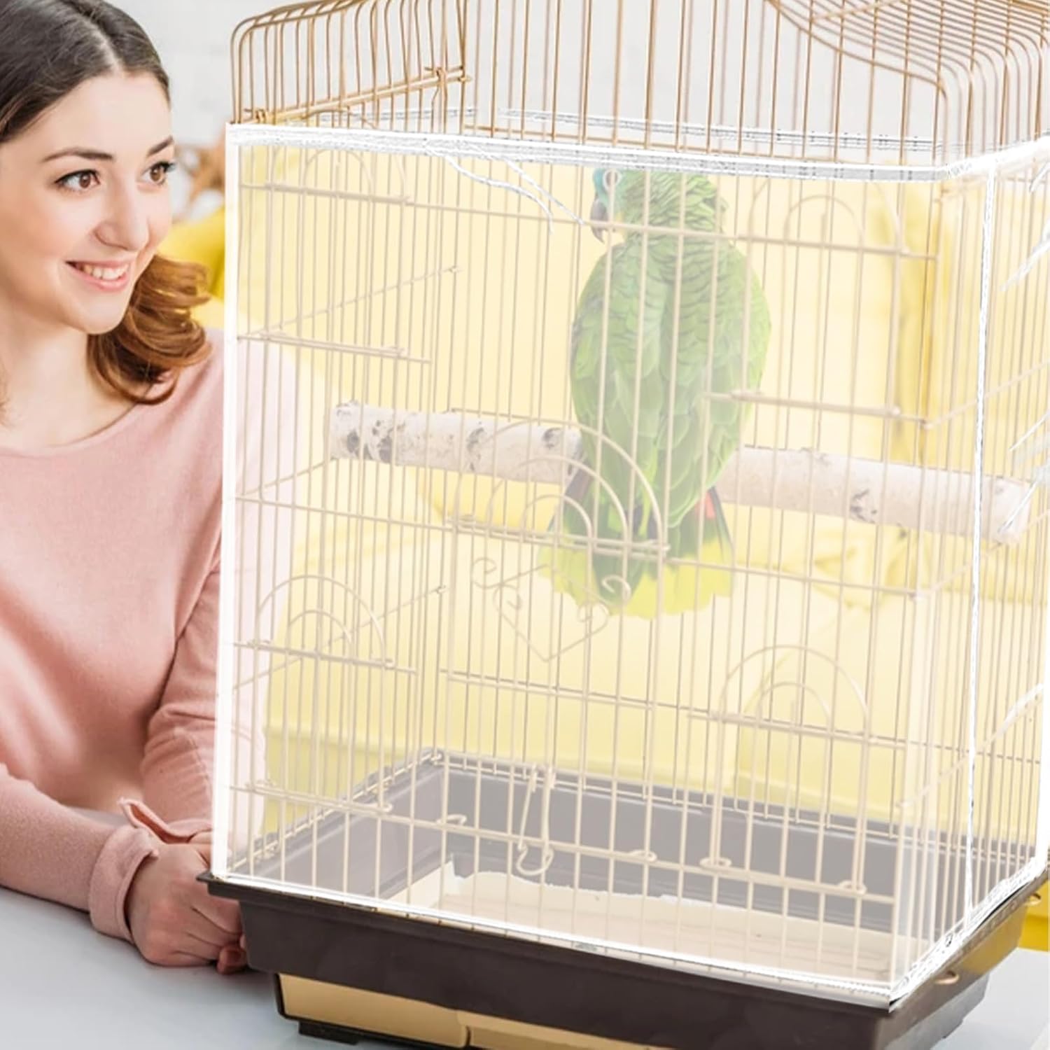 Detalle 1 de Mngren Vogelkäfig-Abdeckung groß mit Netz & Kordelzug (Extra groß, weiß) – für Samenfänger