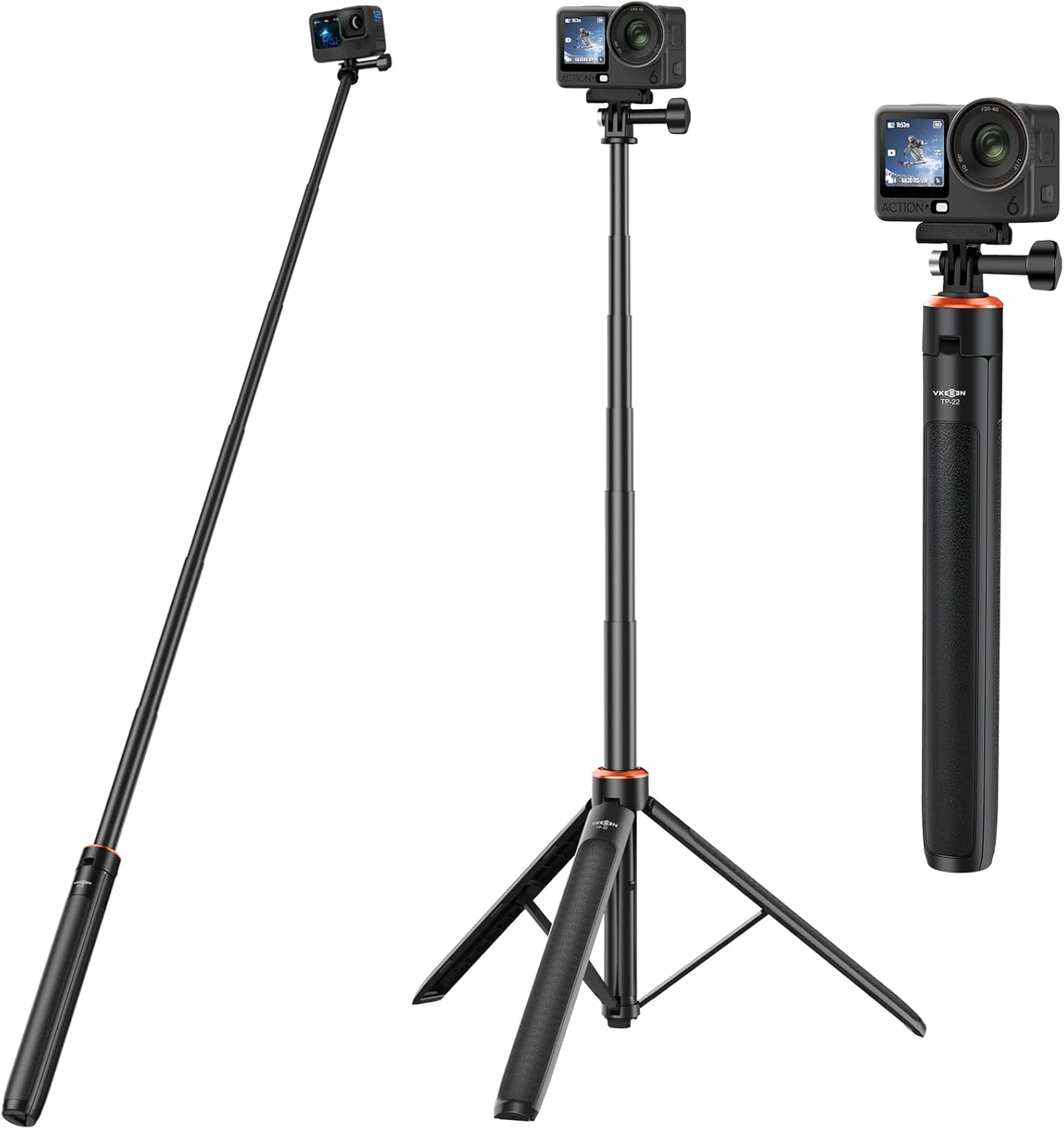 Detalle de 53.5" Selfie Stick Tripod Kit for DJI Osmo Nano/Action 6 – 2-in-1 Extendable Travel Tripod