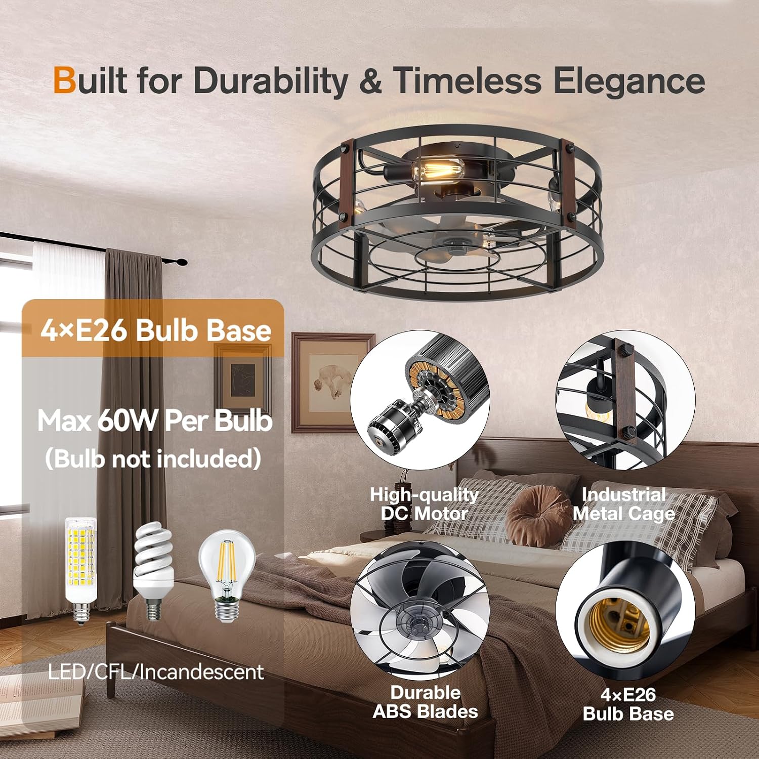 Detalle 1 de addlon NFM0201031 20-Inch Farmhouse Ceiling Fan with Light, Remote and Black Cage
