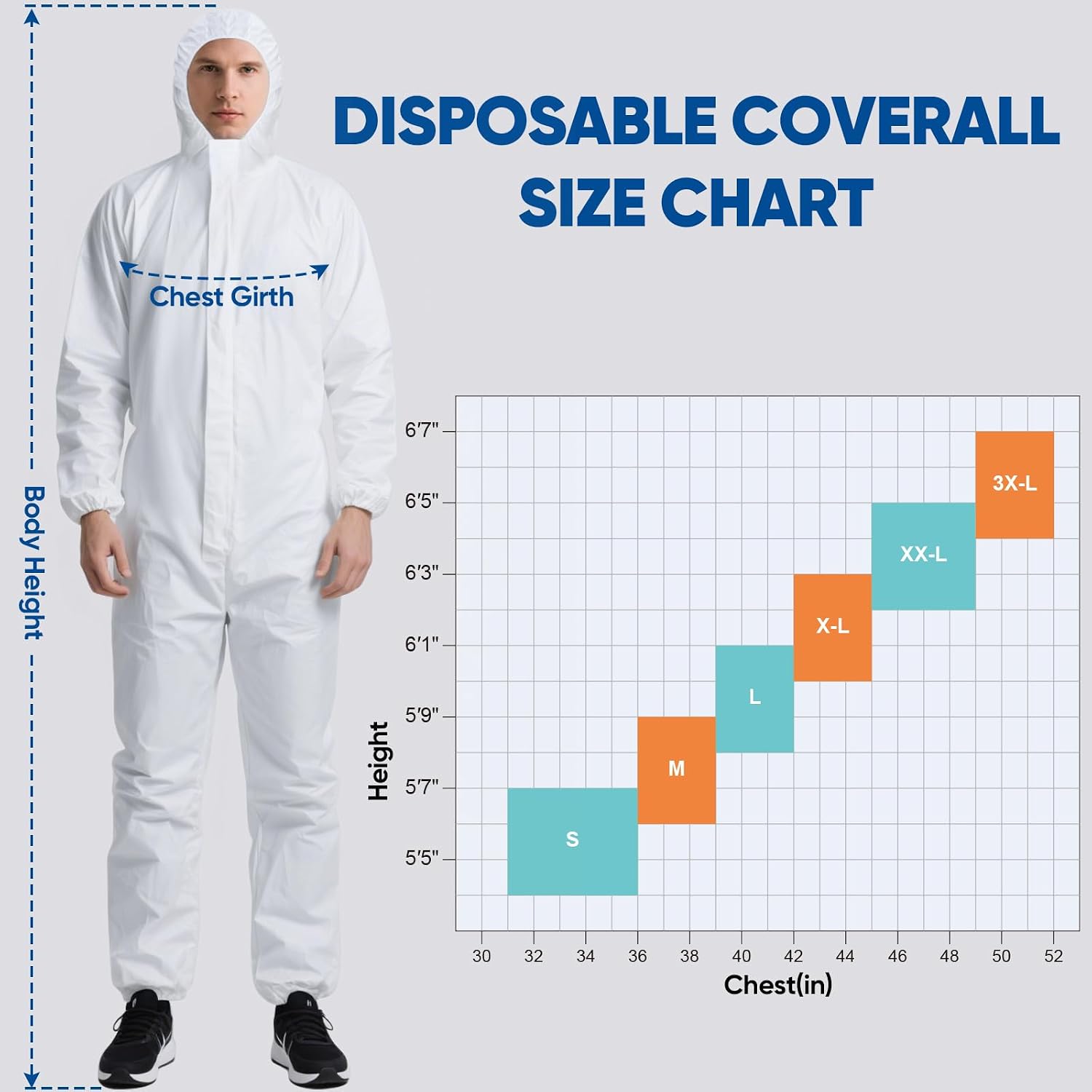 Detalle de TICONN Disposable Protective Coveralls, PP+PE, Hood, Water-Repellent