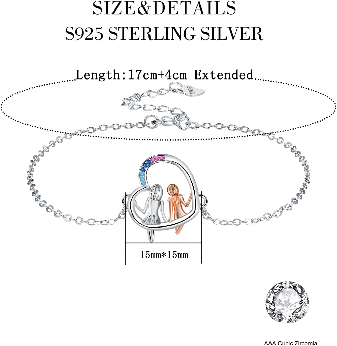 Detalle de Bracelet femme Yinsen en argent sterling 925 réglable avec pendentif cœur (17 + 4 cm)