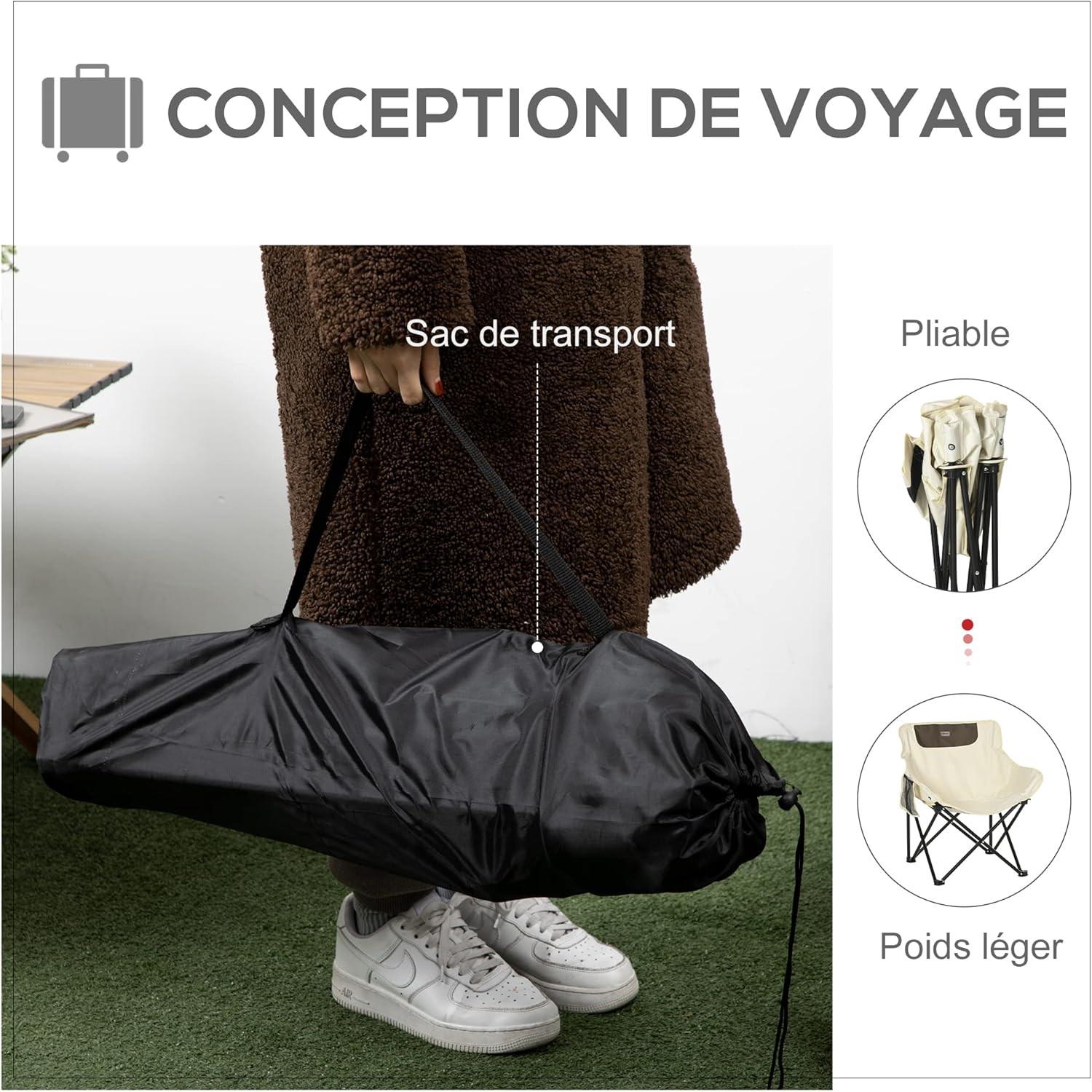 Thumbnail 3 de Outsunny Chaise de Camping Pliable avec Sac de Transport et Pochette latérale – Beige, 61x54x66 cm