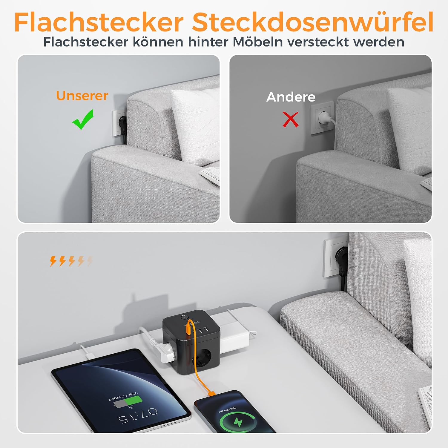 Detalle 2 de TESSAN grenuttag med 3 eluttag, 2 USB-C, 2 USB-A och 20 W PD
