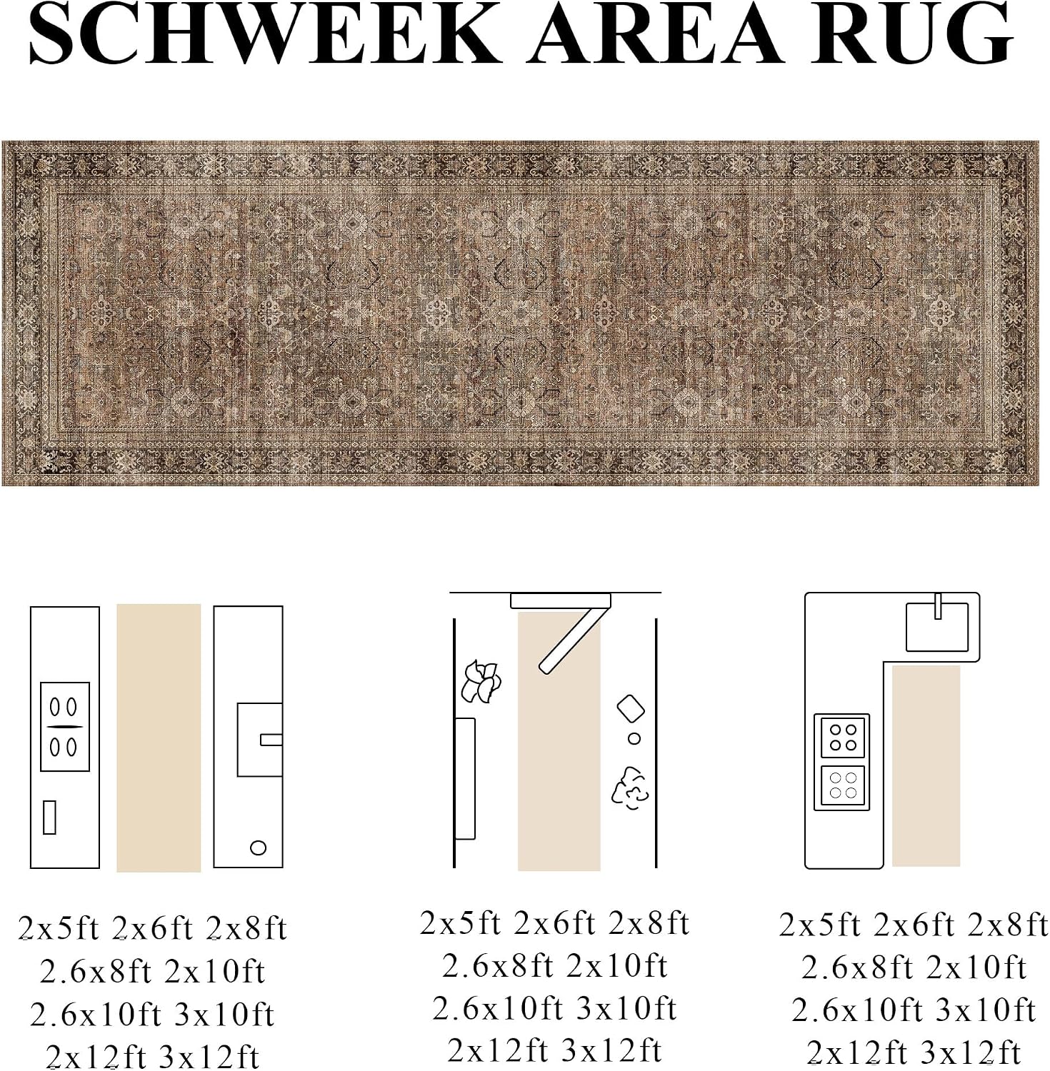 Detalle 2 de Schweek SC3001-Brown-2.6x8 Runner Rug, Washable Floral, Non-Slip Brown