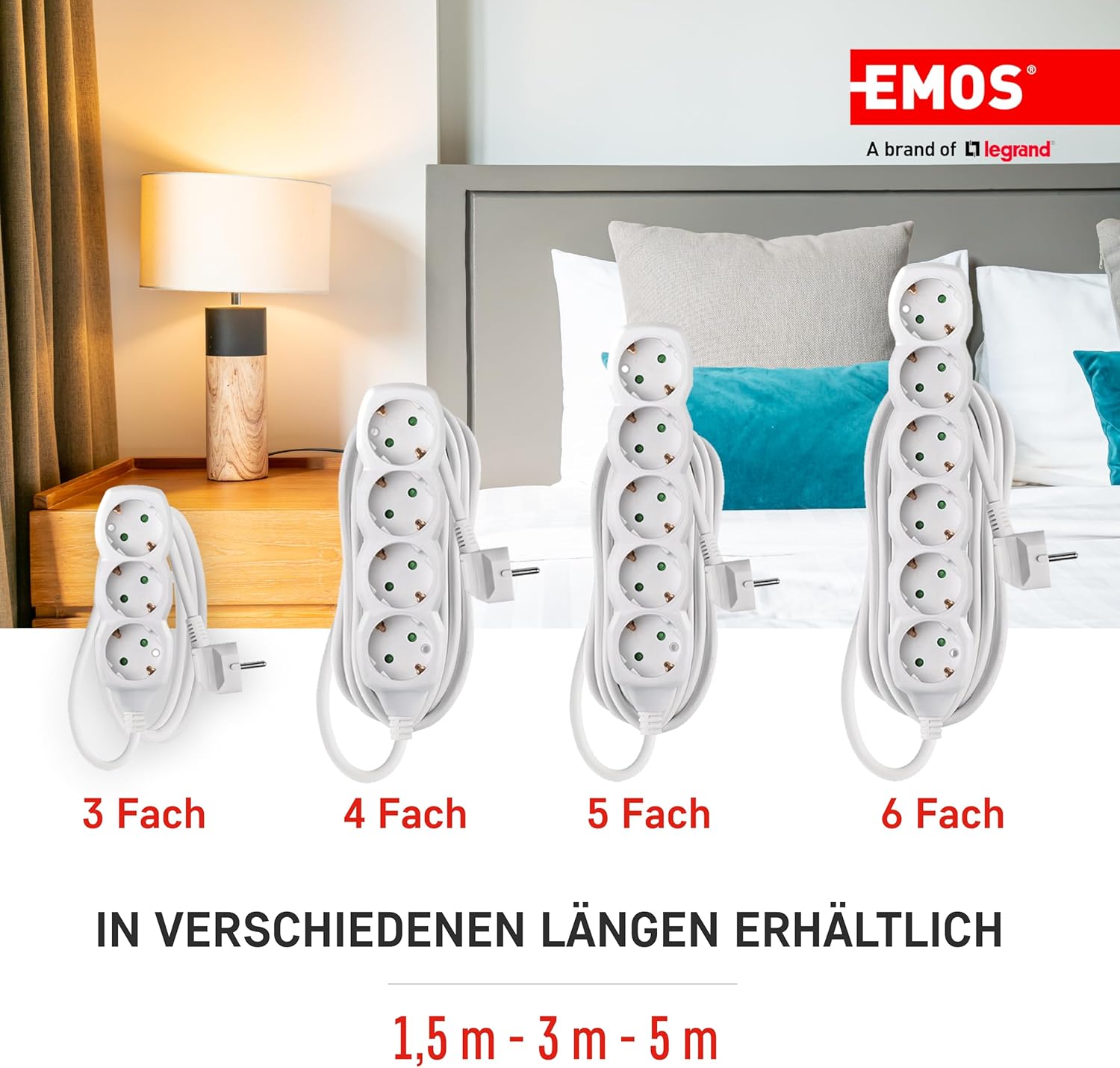 Thumbnail 3 de EMOS 4-fach Steckdosenleiste 5 m (4 Schuko, 45° gedreht) – 250 V/16 A, 3.680 W, weiß
