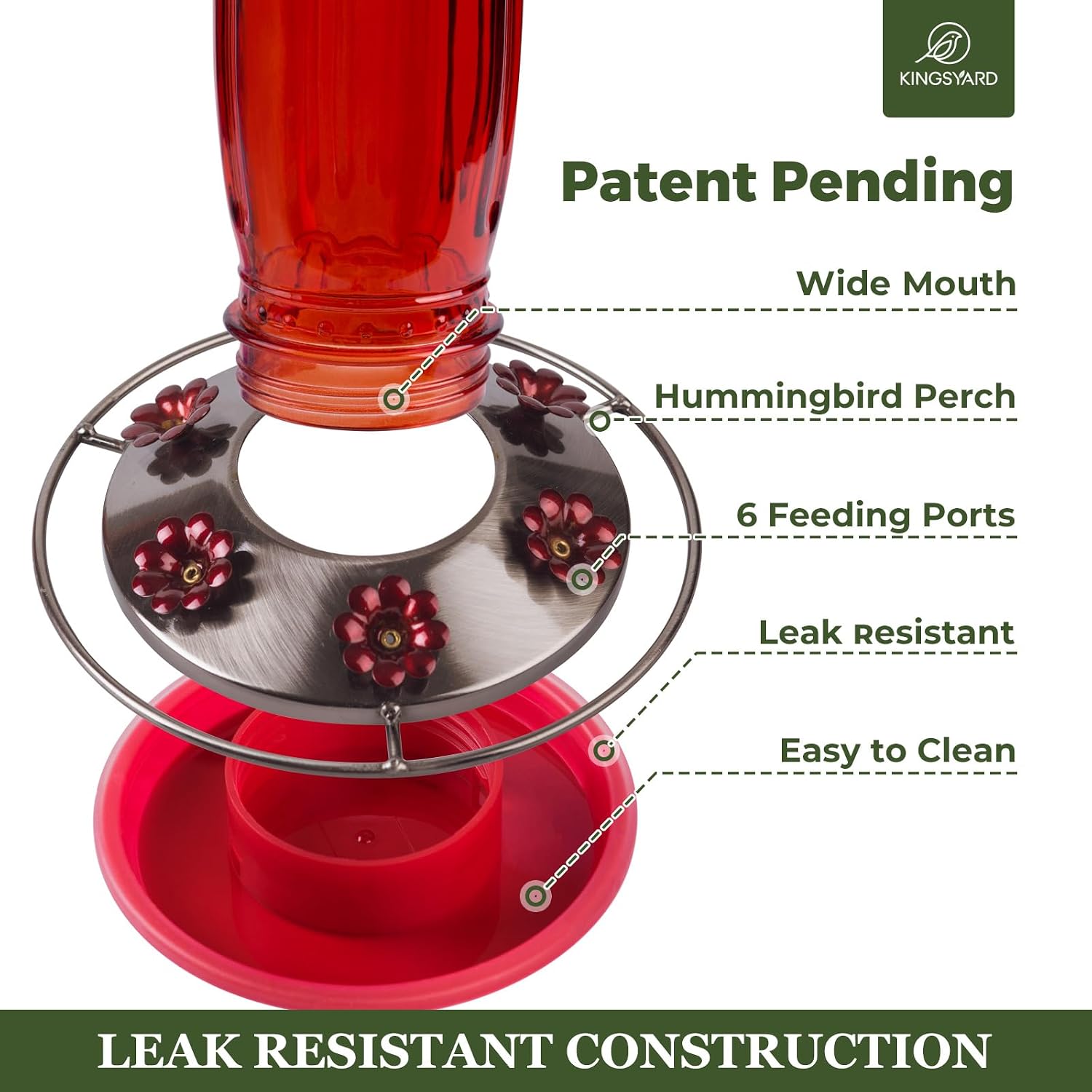 Detalle 2 de Kingsyard KYBF119CP04 Glass Hummingbird Feeder, Red, with 6 Feeding Ports