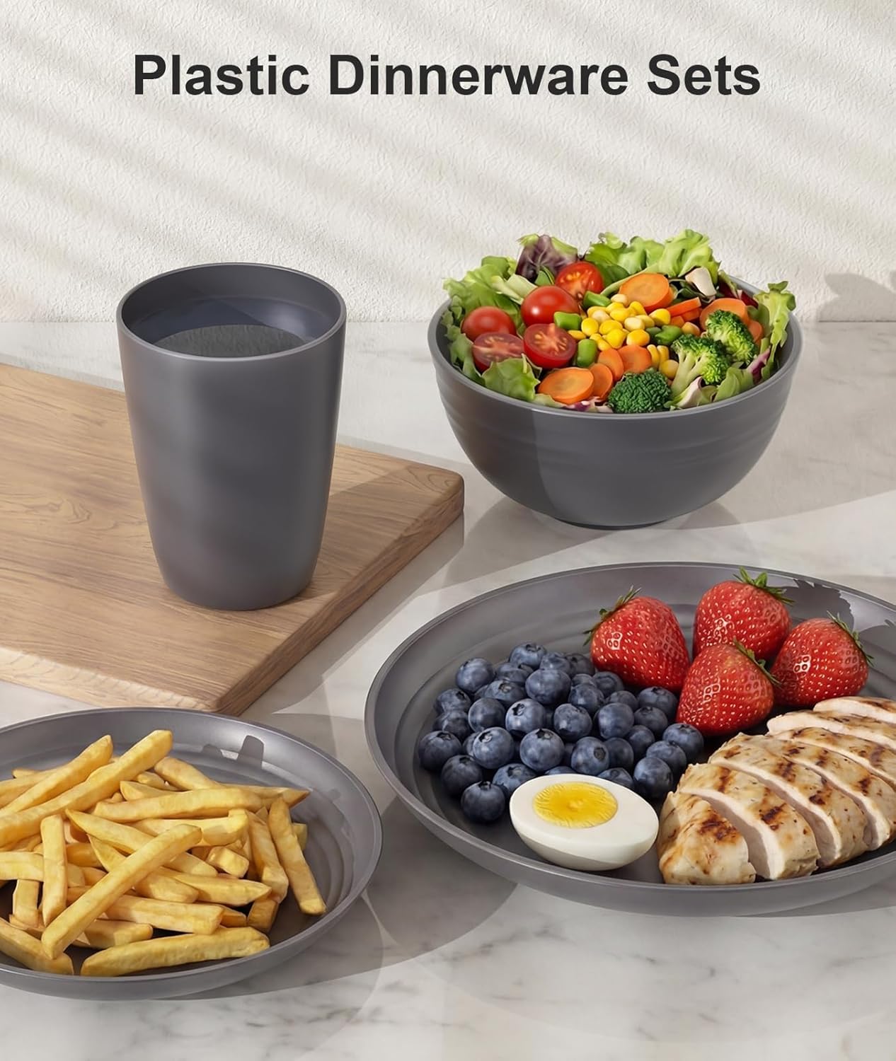 Detalle 2 de Quatish 24 Piece Dinnerware Set for 6: Unbreakable, Dishwasher & Microwave Safe Plastic Plates and Bowls