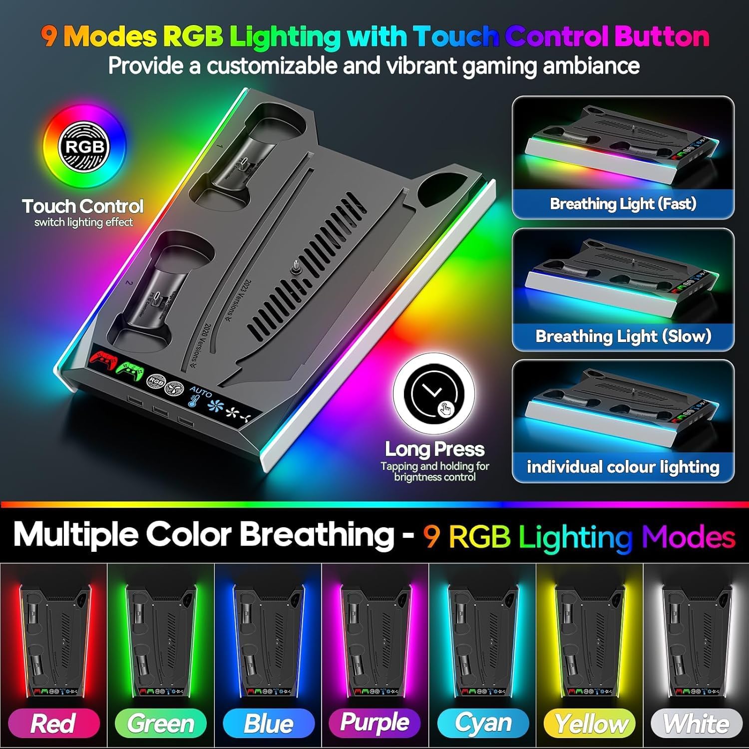 Thumbnail 5 de Tokluck PS5 Slim/Pro Cooling Station with Auto Turbofan, 3-Speed Control, and Controller Charging Dock