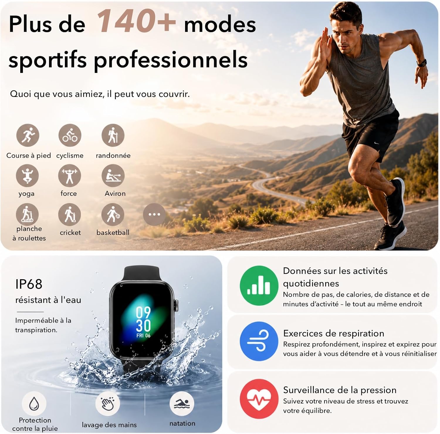 Detalle de AOYBWK Montre Connectée – Écran 1,85'' HD, Appels Bluetooth et Santé pour Android et iOS