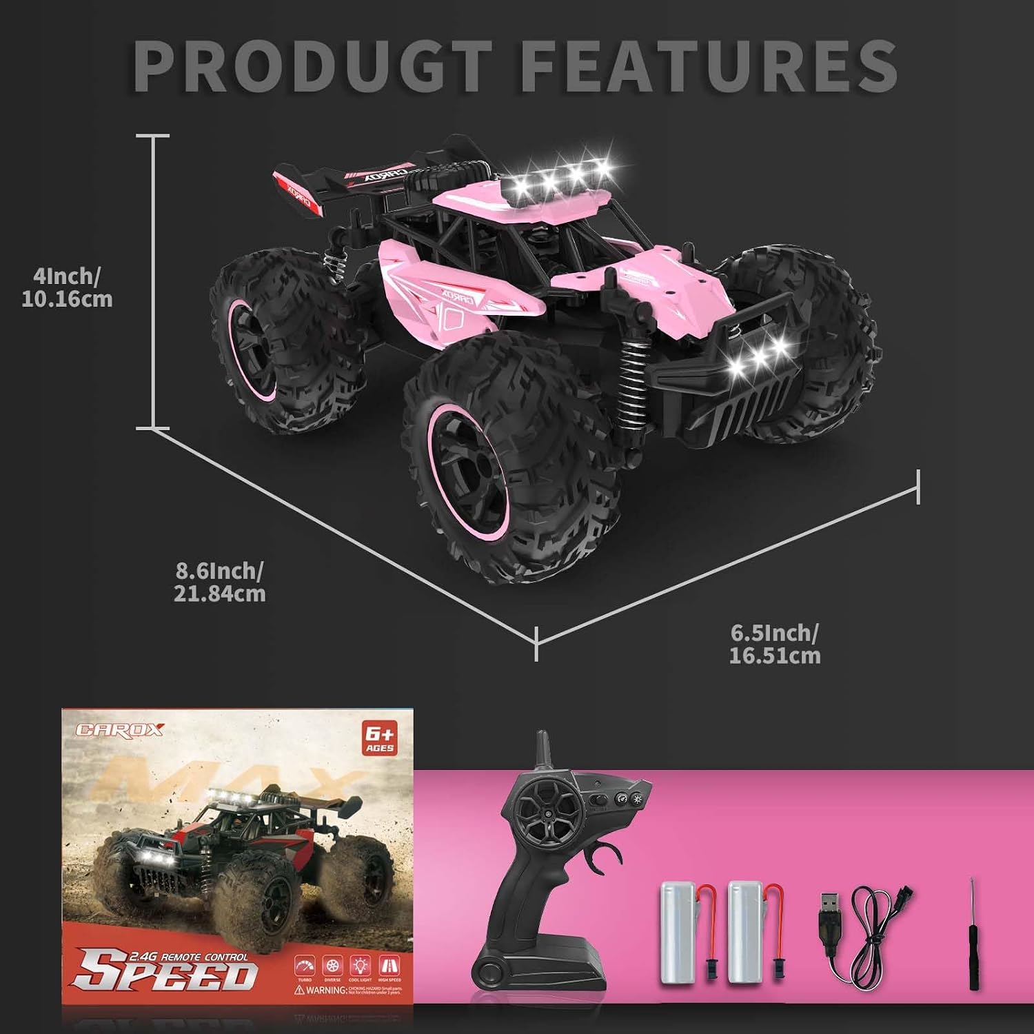 Detalle 2 de Carox ferngesteuertes Auto für Mädchen ab 6 – Pinkes Geländewagen-RC mit 2 Akkus, 25 km/h, 2.4 GHz