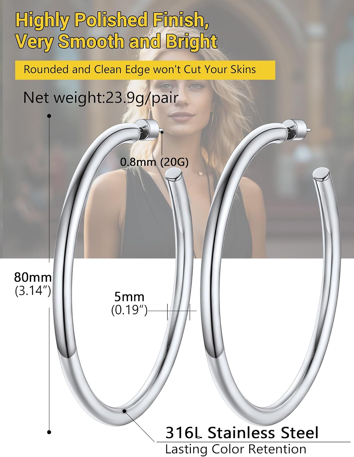 Detalle de PROSTEEL Boucles d’oreilles demi-créoles ouvertes en acier inoxydable (20 à 80 mm) pour femme